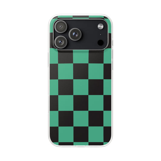 Tanjiro Checkerboard Green and Black Flexi Phone Case for Apple iPhone and Samsung Galaxy.