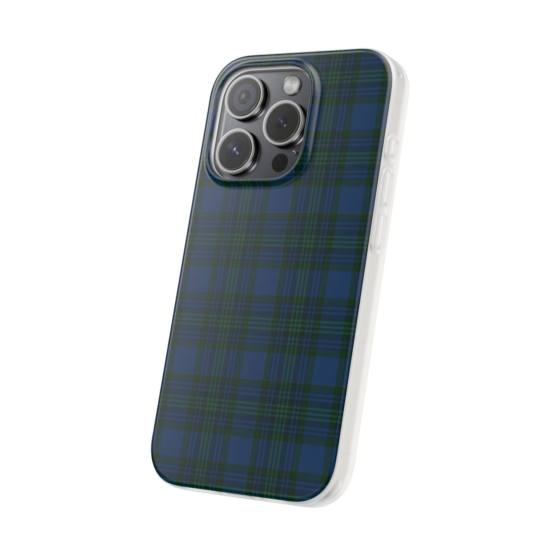Navy green tartan phone case with flexible plaid design, slim shock-absorbing TPU, semi-transparent matte finish