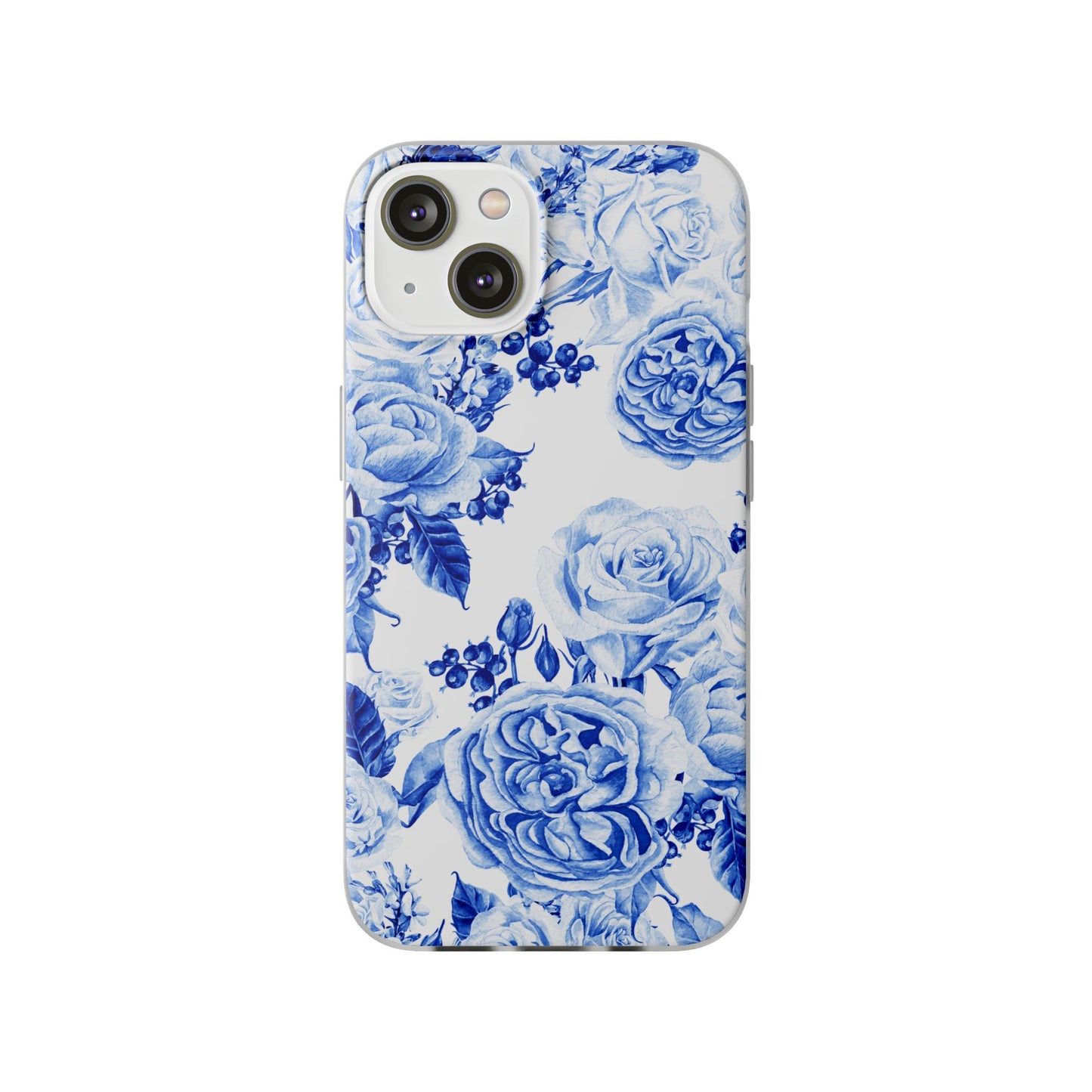 Blue Floral Phone Case — Hand-Painted Rose Pattern Flexi Case for Apple iPhone, Samsung Galaxy and Google Pixel.