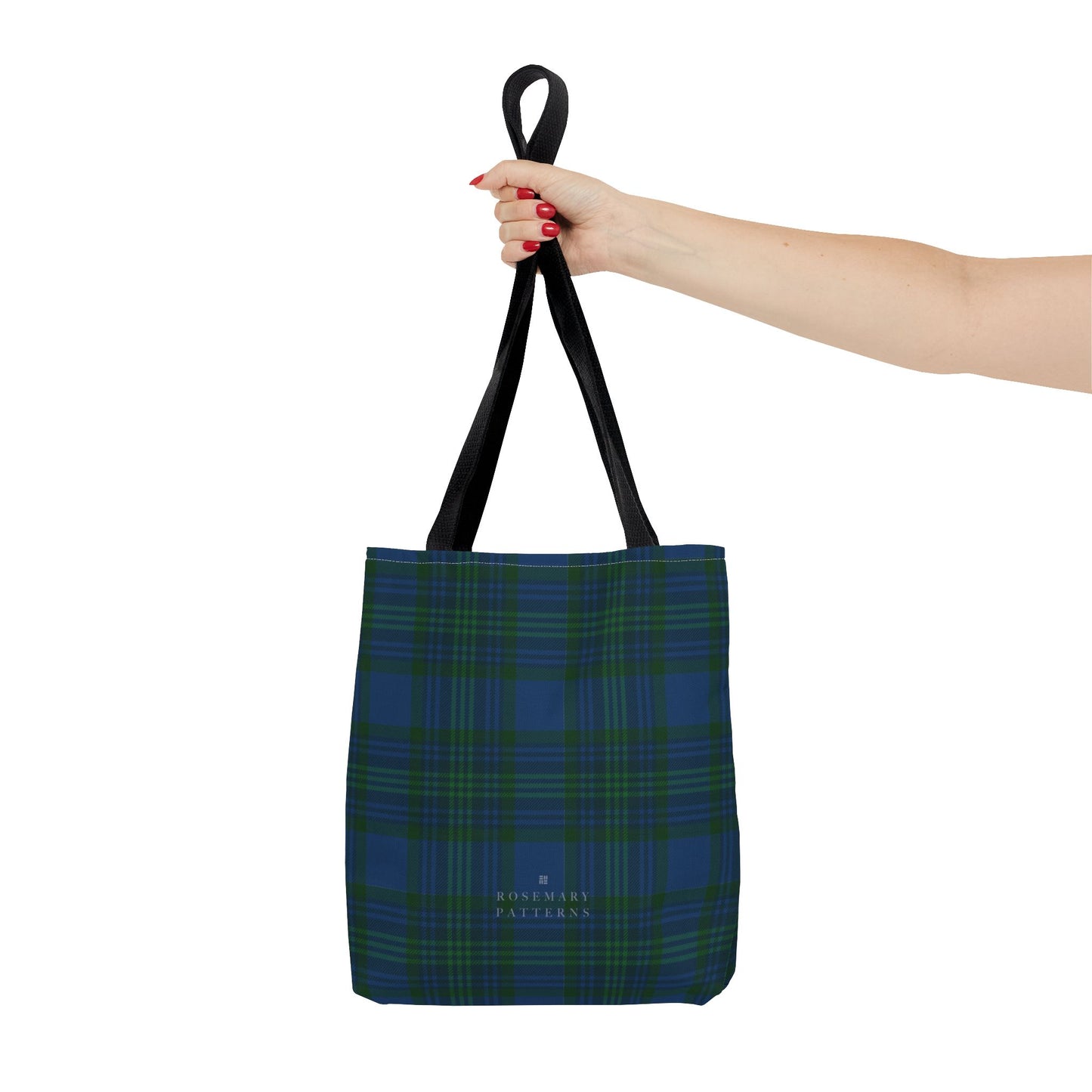 Tartan plaid tote bag in blue and green, eco friendly reusable market tote with Scottish pattern, cotton handles