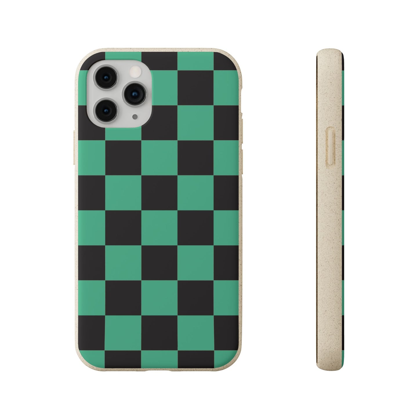 Biodegradable Checkerboard Phone Case — Green & Black Tanjiro Eco Smartphone Cover for Apple iPhone and Samsung Galaxy.
