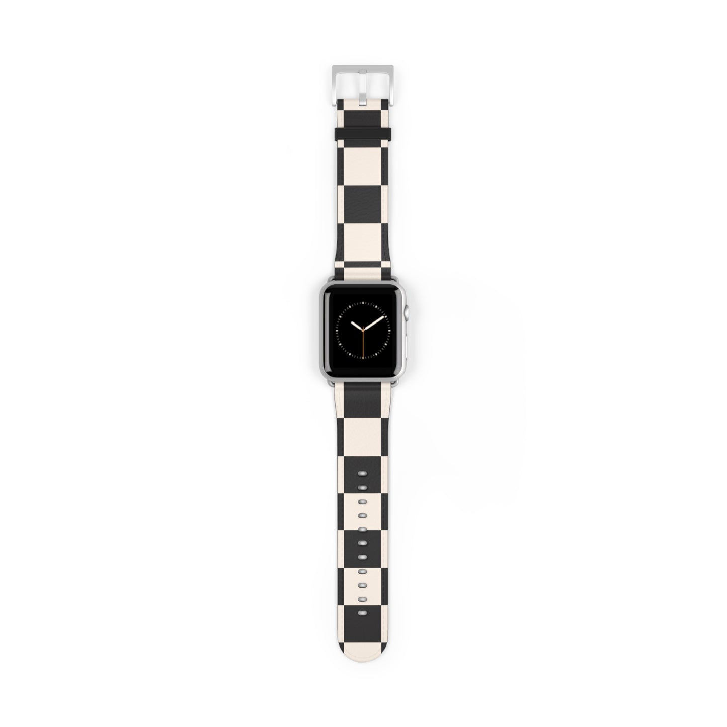 Apple Watch band in black and ivory chequered faux-leather, classic accessory for men and women, stainless steel buckle