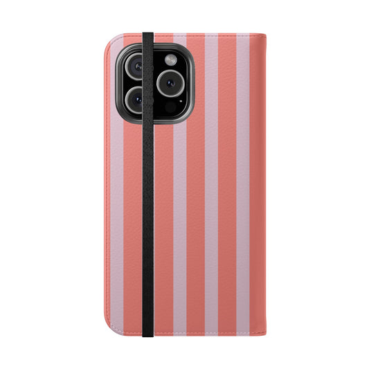 Striped Flip Phone Case — Pink & Coral Vertical Stripe Wallet Cover