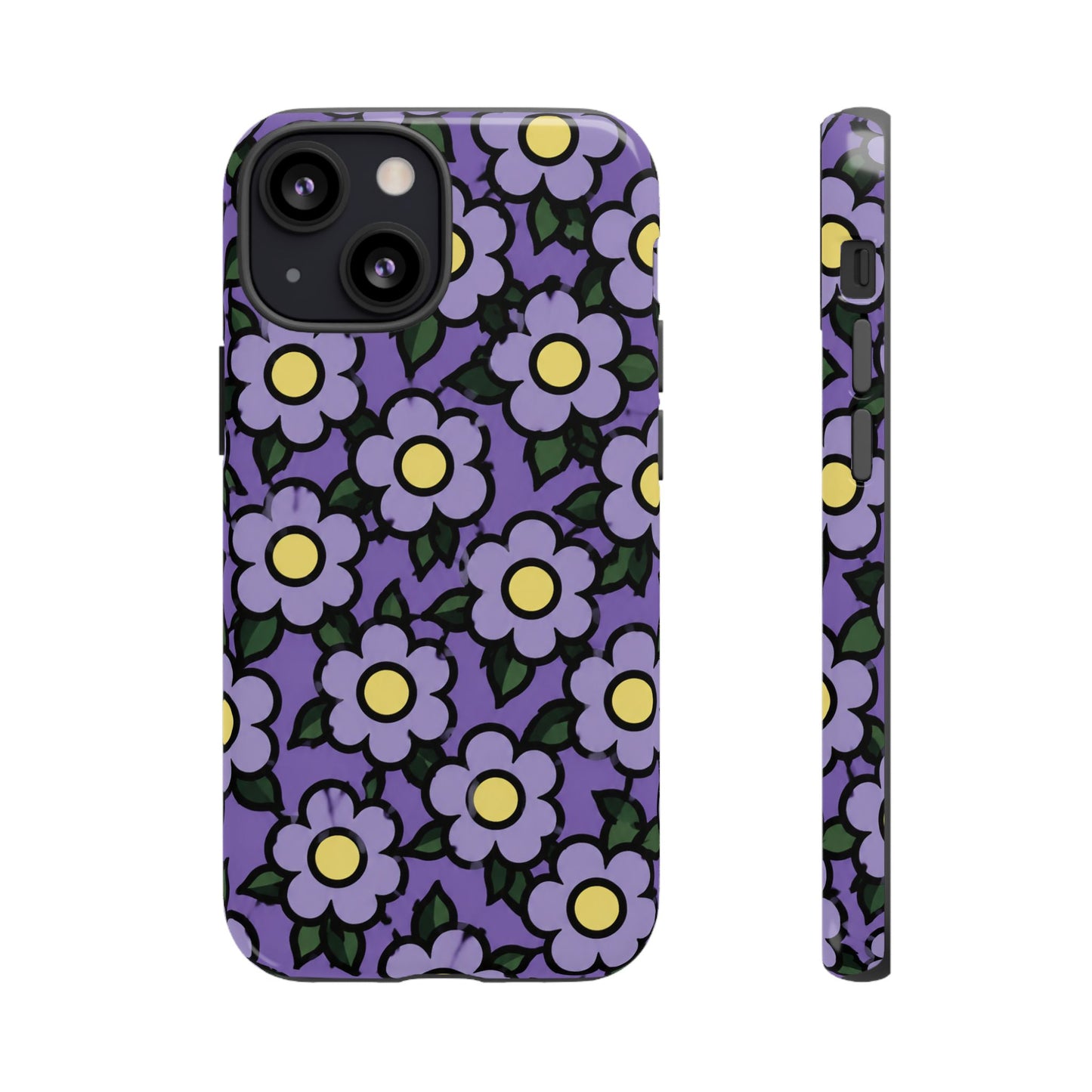 Purple Floral Tough Phone Case — Durable Protective Phone Cover with Cute Daisy Pattern