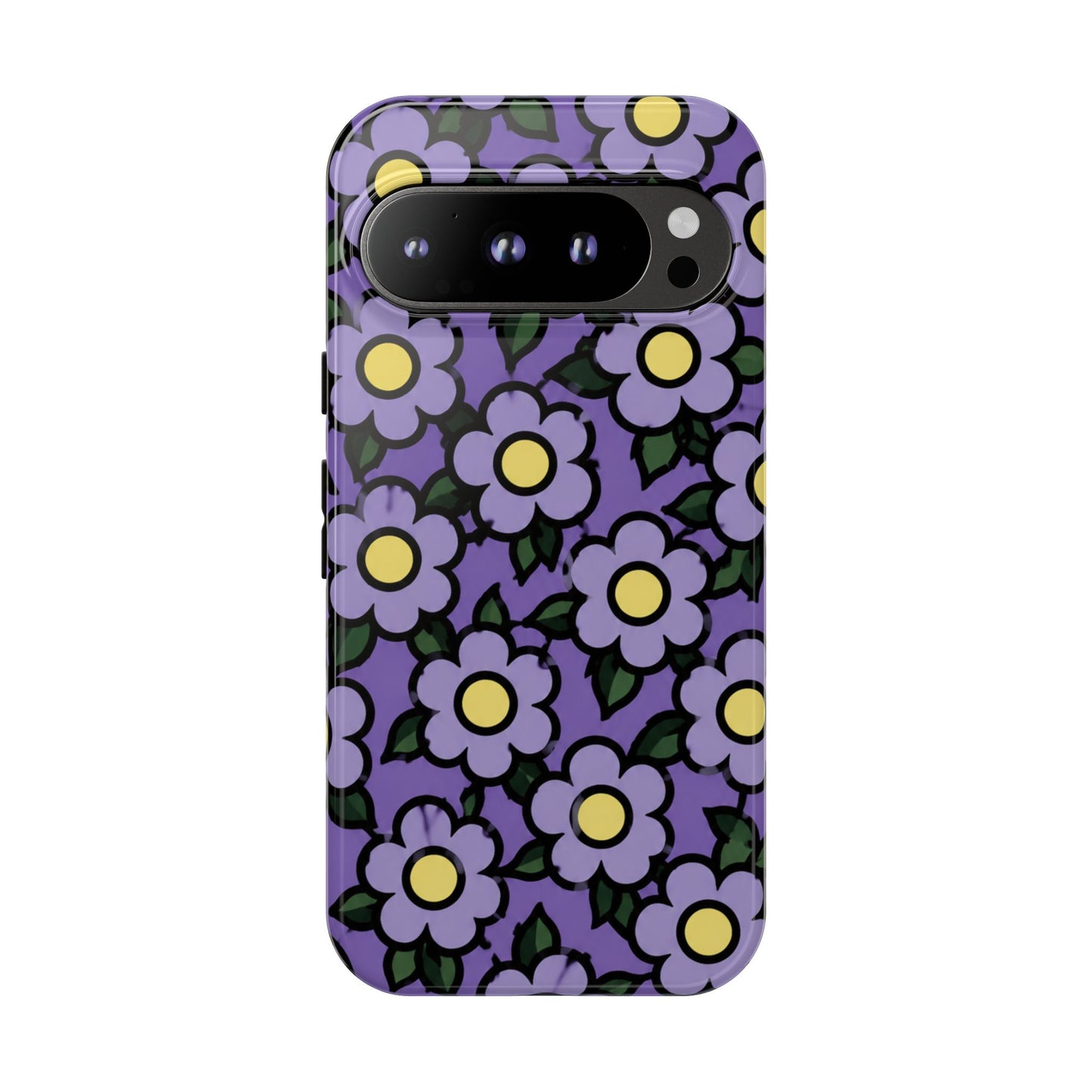 Purple Floral Tough Phone Case — Durable Protective Phone Cover with Cute Daisy Pattern