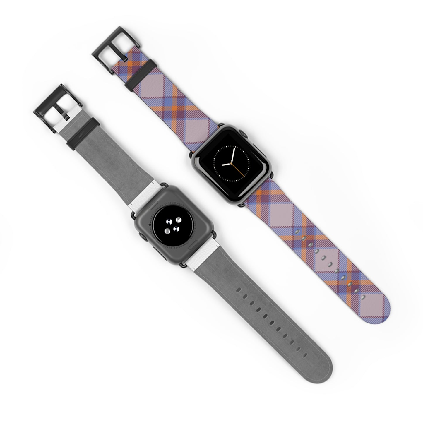 Tartan plaid watch band in orange and green for Apple Watch, stylish gift idea, faux-leather strap with stainless steel buckle