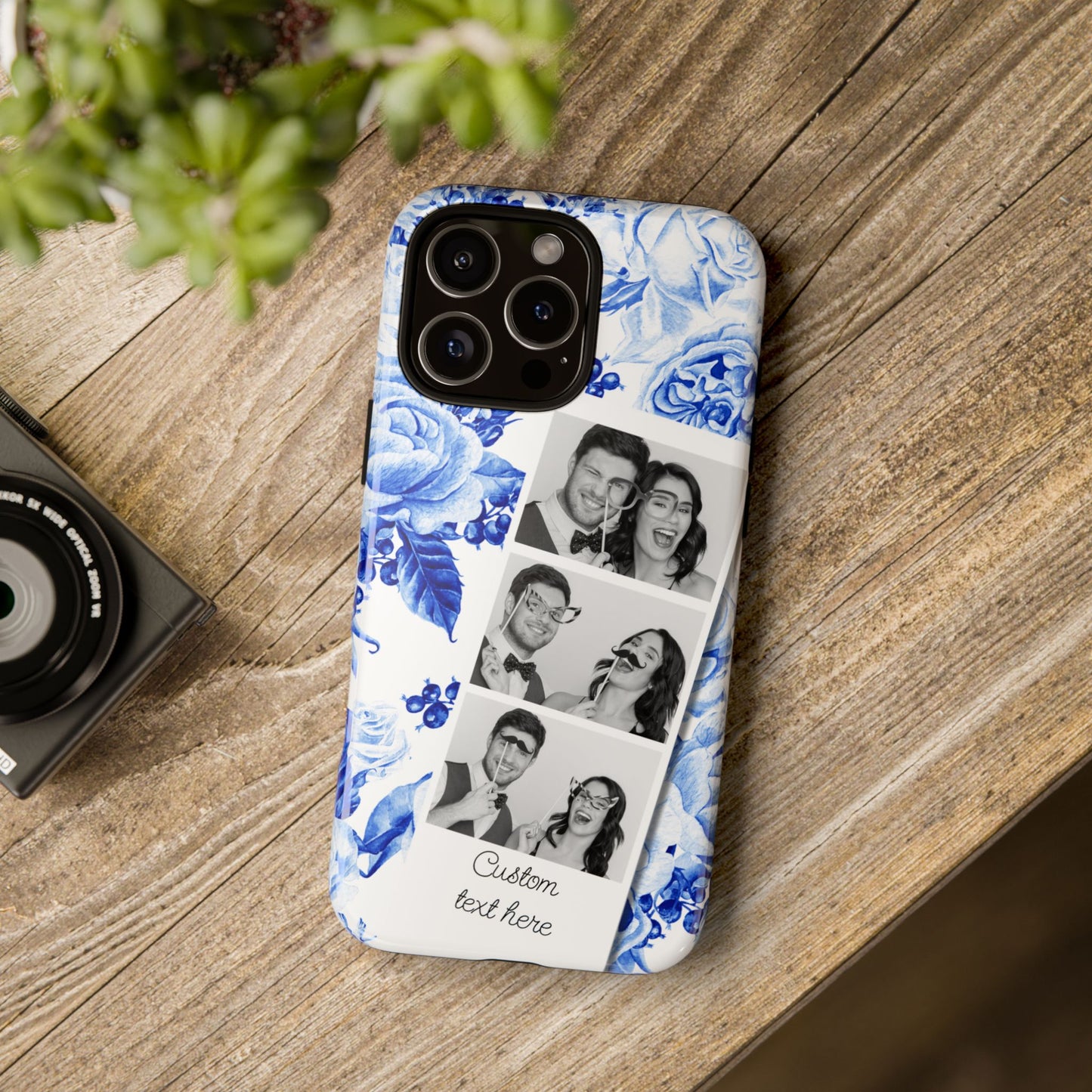 Three Photo Personalised Blue Floral Image Strip Custom Phone Case