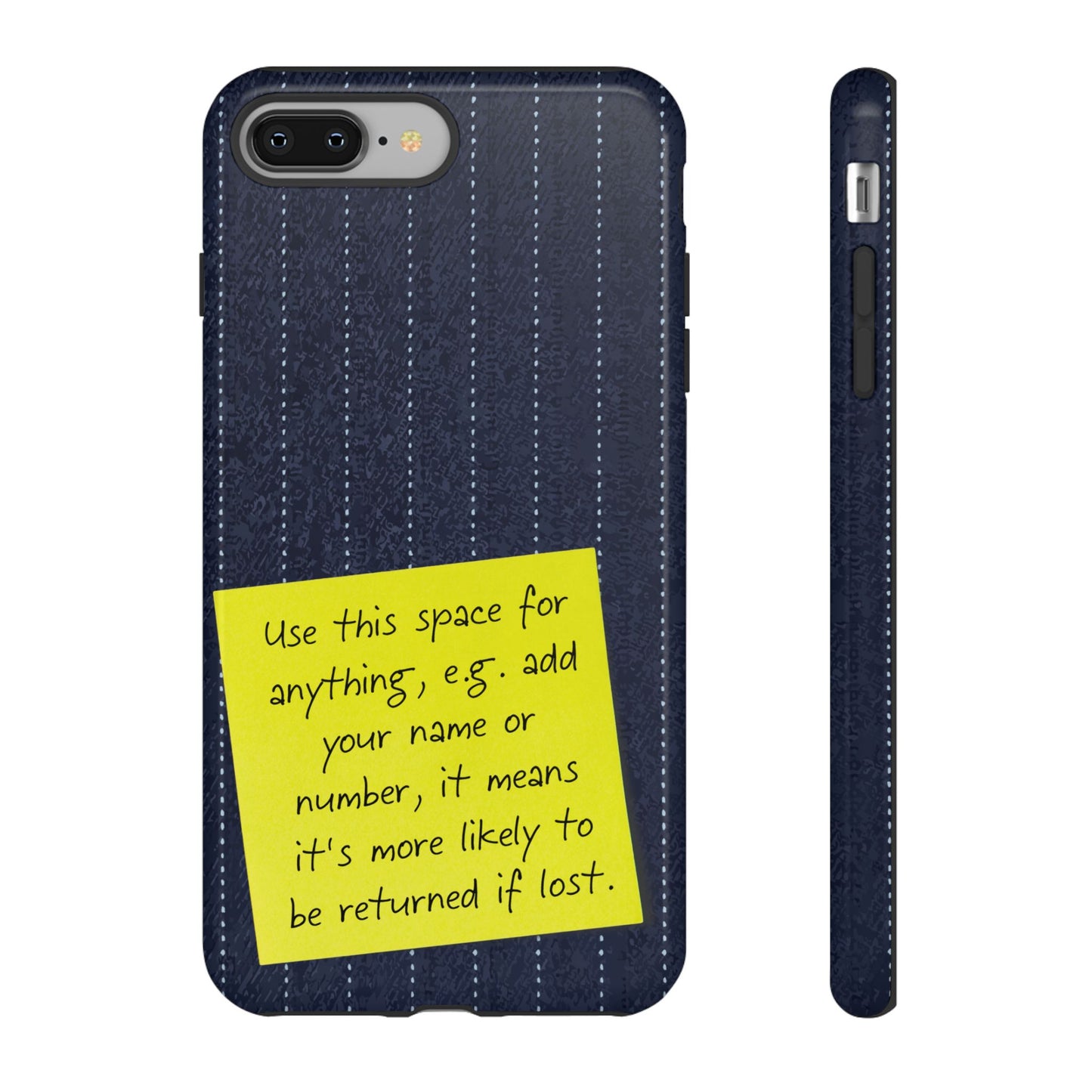 Navy Pinstripe Design with Yellow Sticky Note Personalised Tough Phone Case for Apple iPhone, Samsung Galaxy and Google Pixel.