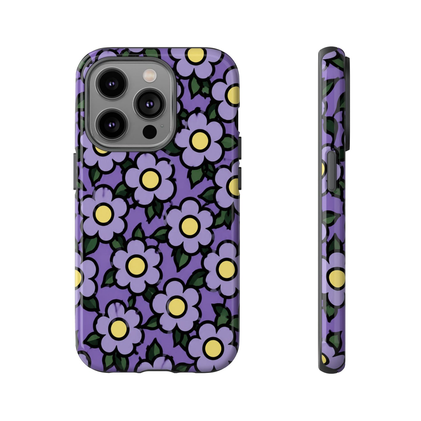 Purple Floral Tough Phone Case — Durable Protective Phone Cover with Cute Daisy Pattern