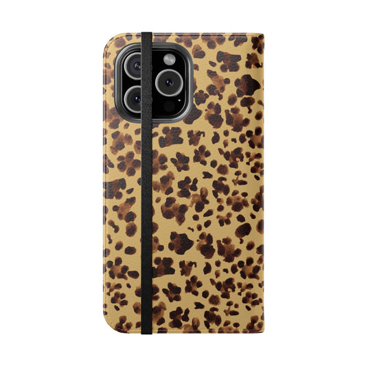 Leopard Print watercolour Flip Phone Case - Stylish Wallet Folio Cover with Card Slots
