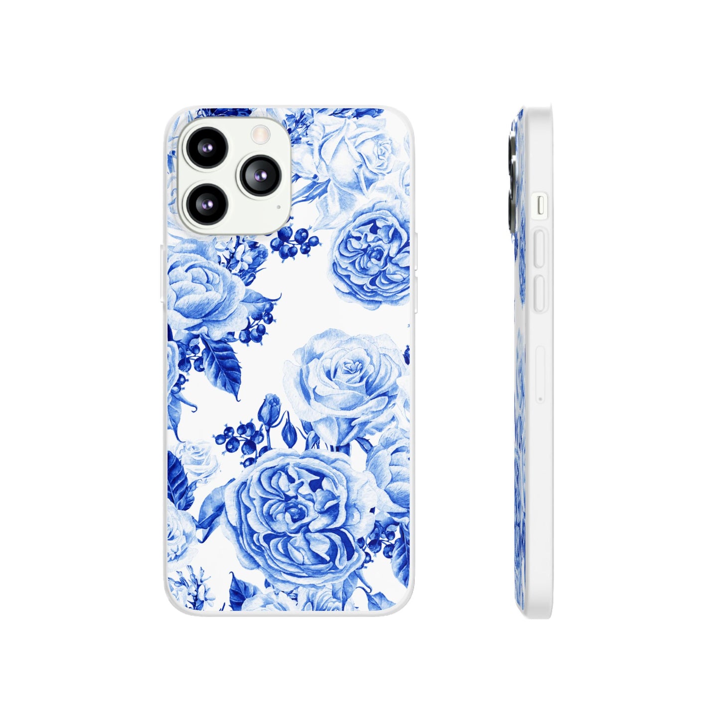 Blue Floral Phone Case — Hand-Painted Rose Pattern Flexi Case for Apple iPhone, Samsung Galaxy and Google Pixel.