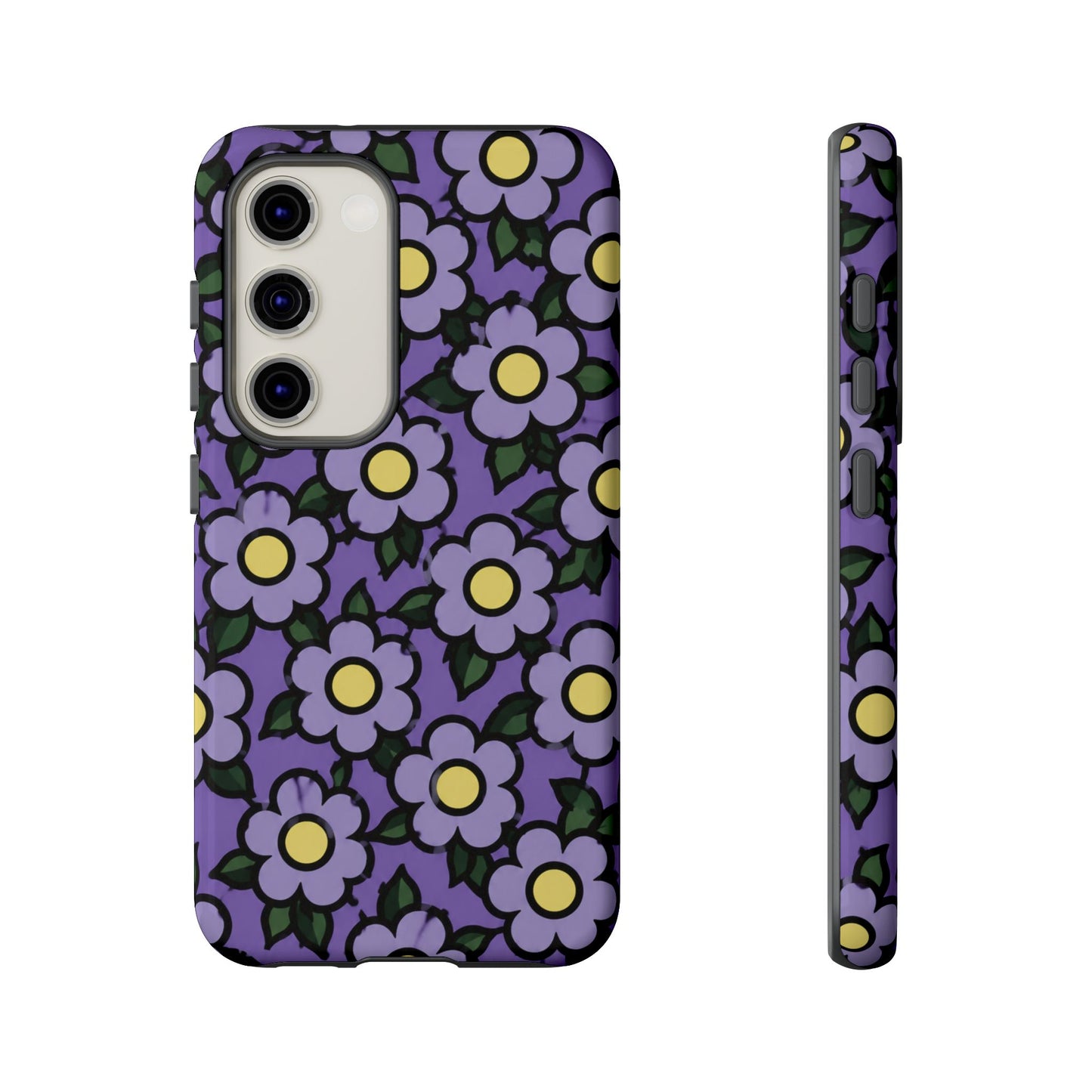 Purple Floral Tough Phone Case — Durable Protective Phone Cover with Cute Daisy Pattern