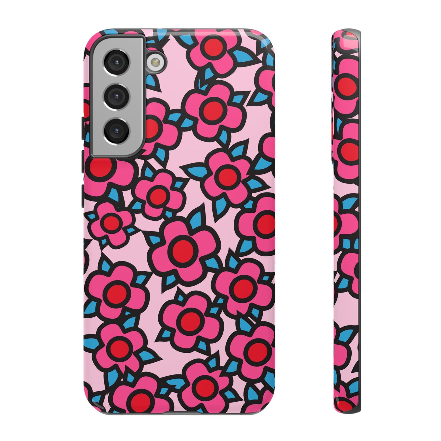 Floral Pink Tough Phone Case — Retro Red & Teal Flower Pattern