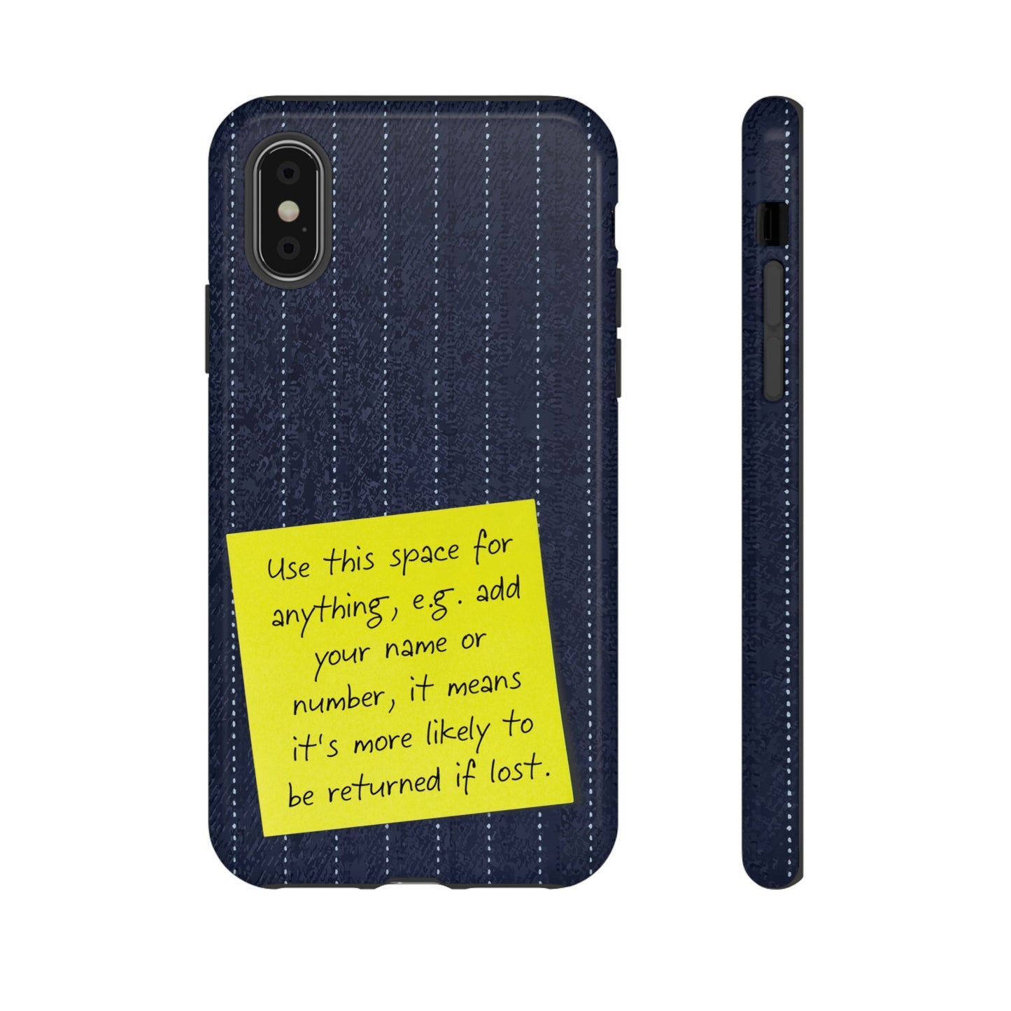 Navy Pinstripe Design with Yellow Sticky Note Personalised Tough Phone Case for Apple iPhone, Samsung Galaxy and Google Pixel.
