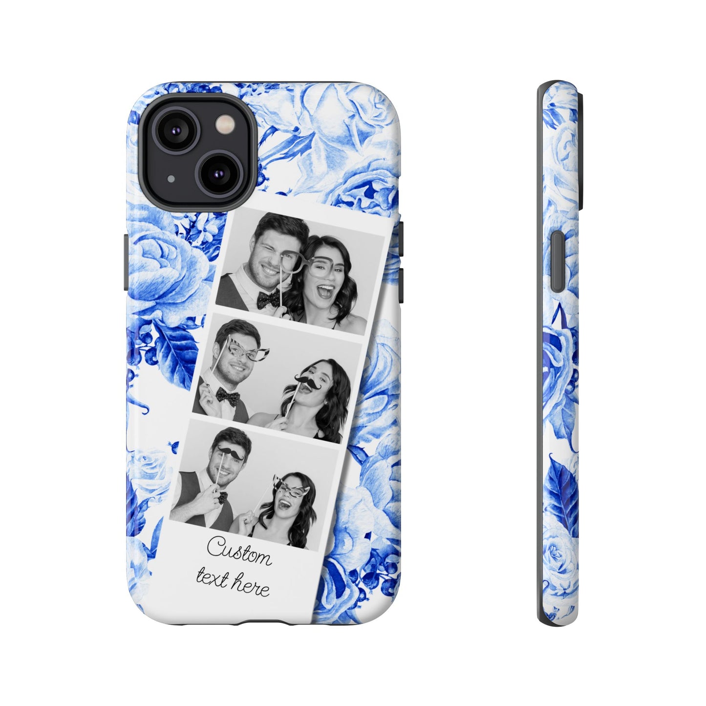 Three Photo Personalised Blue Floral Image Strip Custom Phone Case