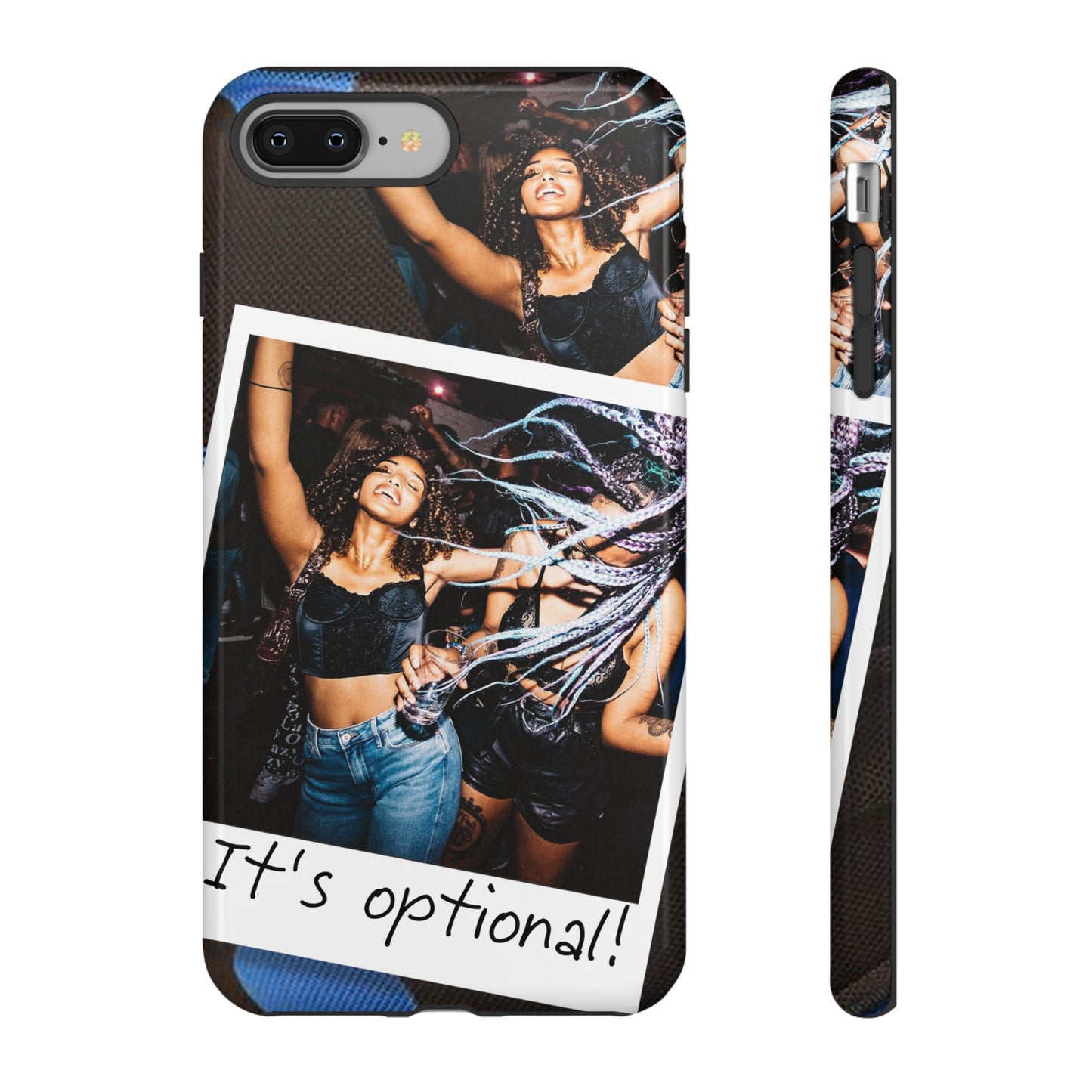 Two Image Personalised Polaroid Photo on Blue Polka Dot Protective Tough Case for Apple iPhone, Samsung Galaxy and Google Pixel.