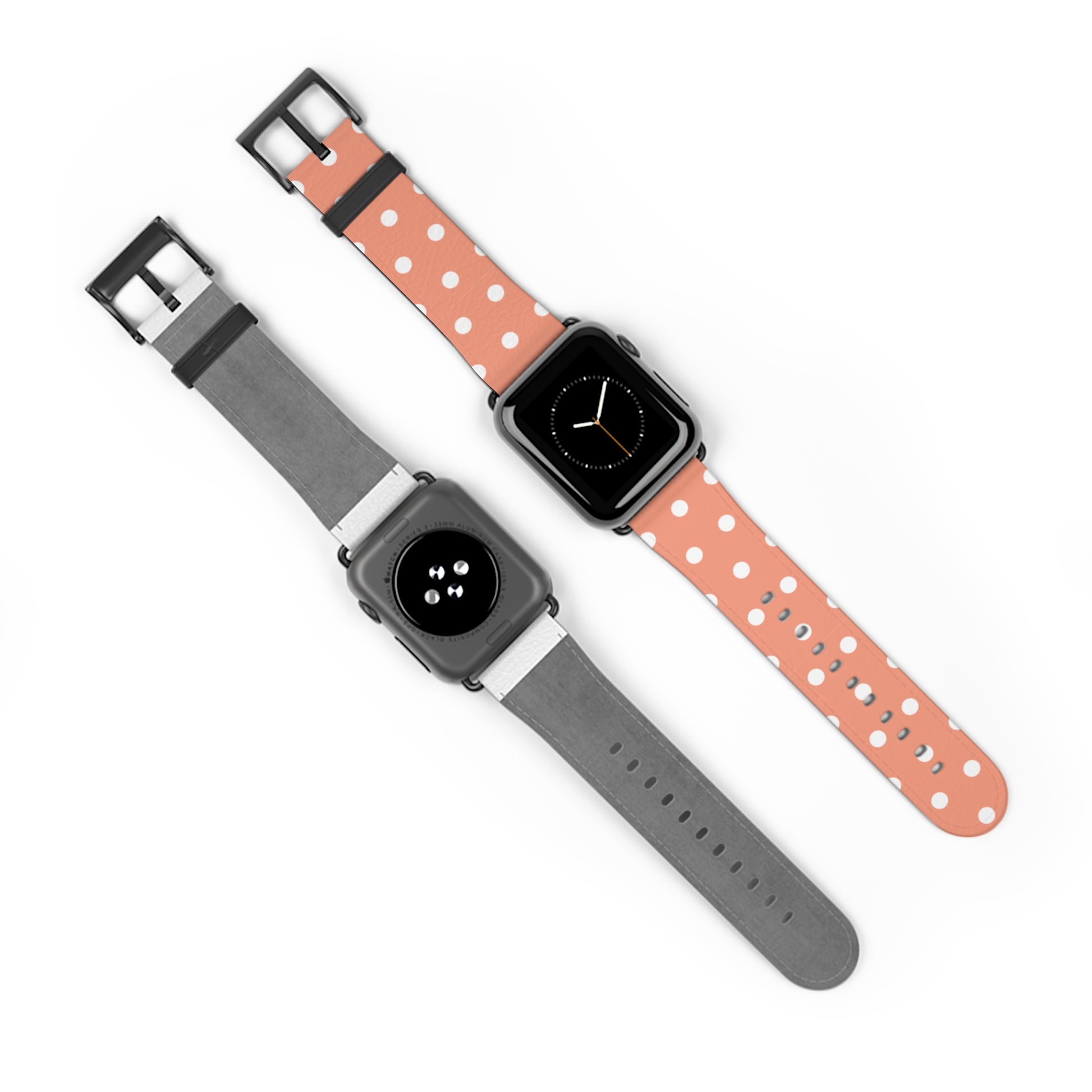 apple watch band in coral pink with white polka dots, cute women watch band, pastel dot pattern strap for Apple Watch