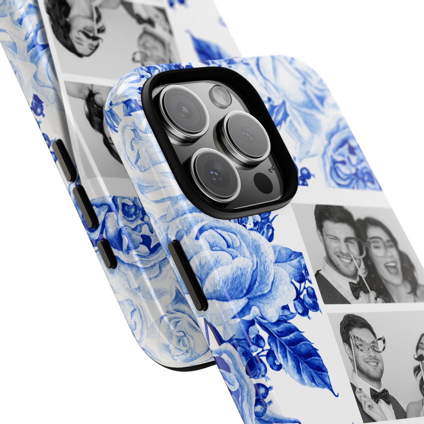Three Photo Personalised Blue Floral Image Strip Custom Phone Case