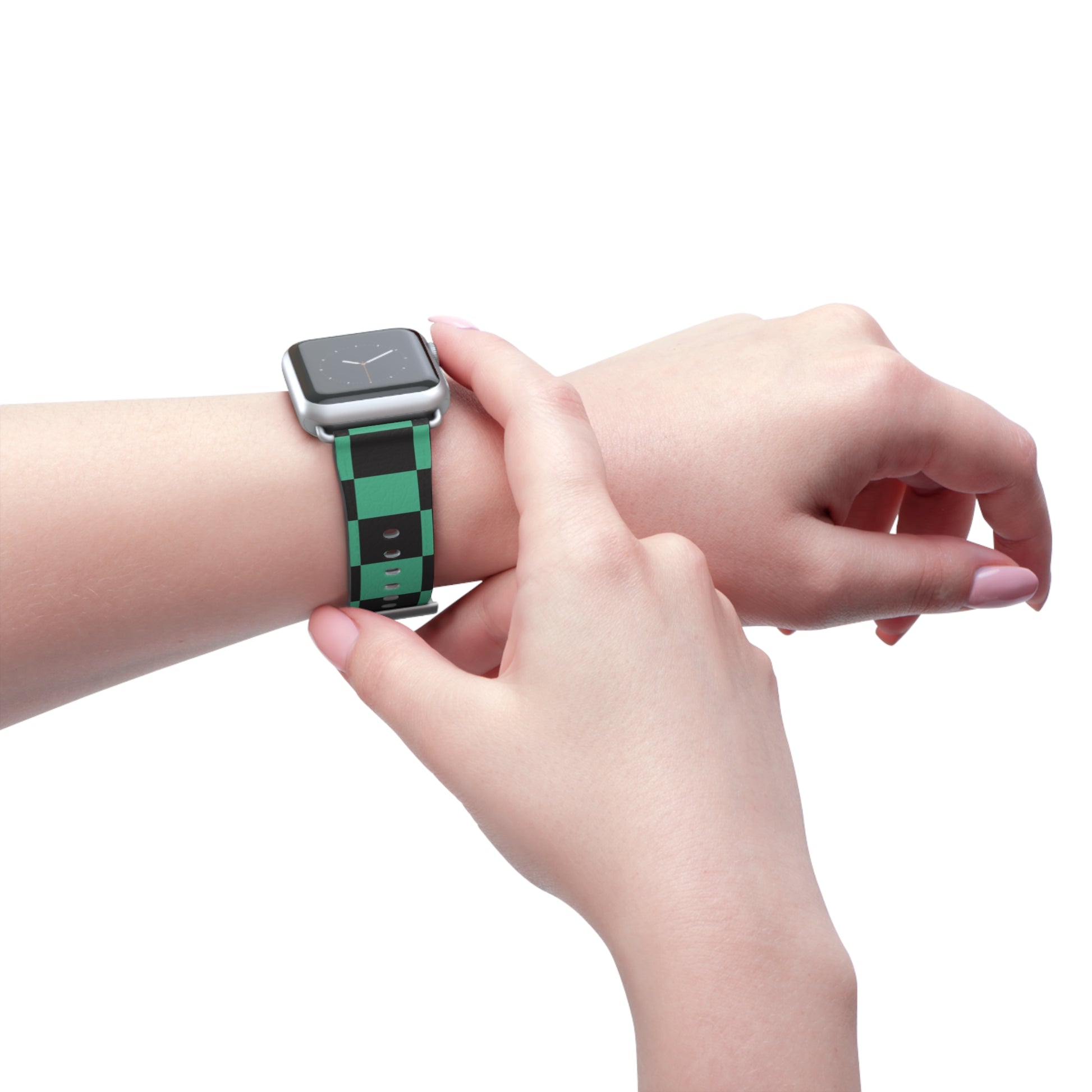 Tanjiro Apple Watch band with black and green chequered pattern, luxury faux-leather strap, fashion accessory