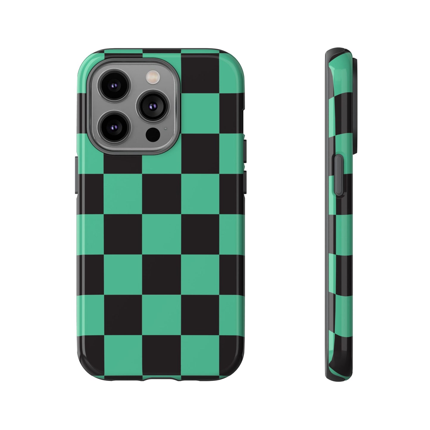 Tanjiro Checkerboard Tough Phone Case – Green & Black Protective Cover