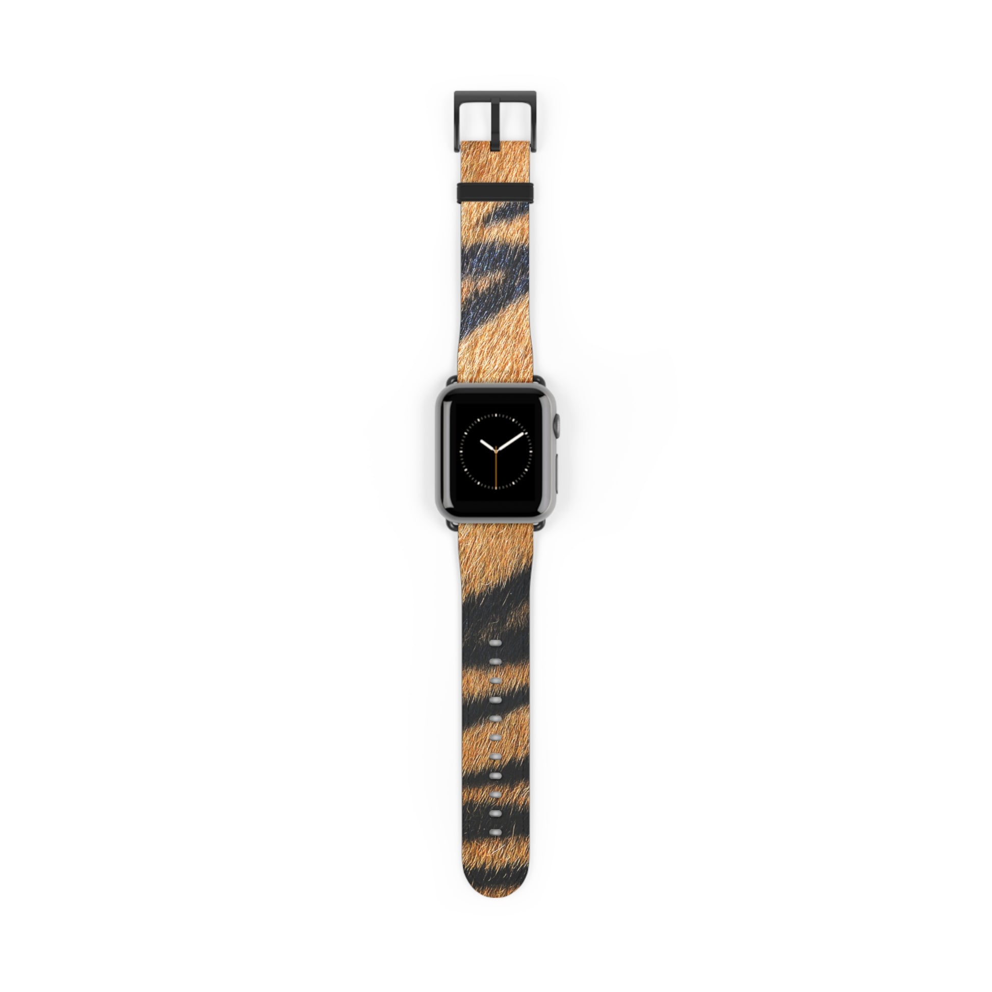 Tiger fur Apple Watch band with faux-leather strap, matte buckle, big cat pattern, stylish gift for him or her