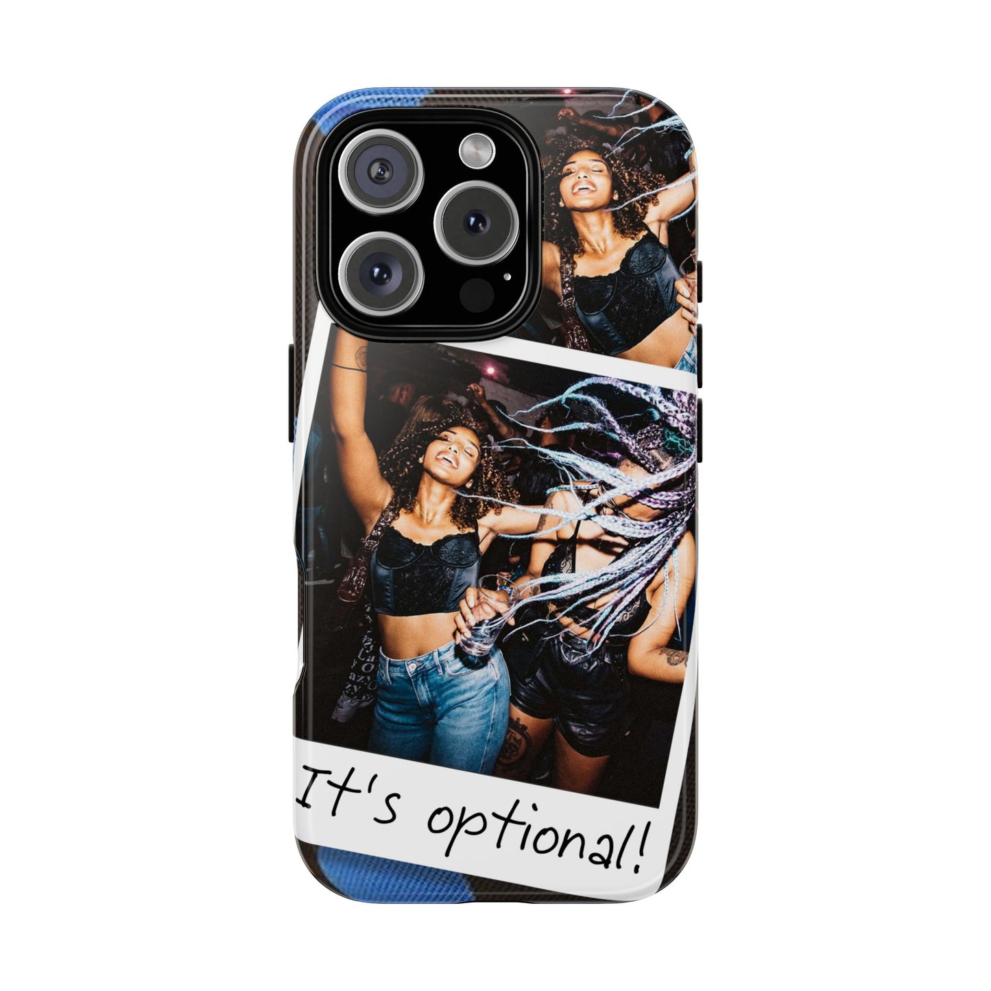 Two Image Personalised Polaroid Photo on Blue Polka Dot Protective Tough Case for Apple iPhone, Samsung Galaxy and Google Pixel.