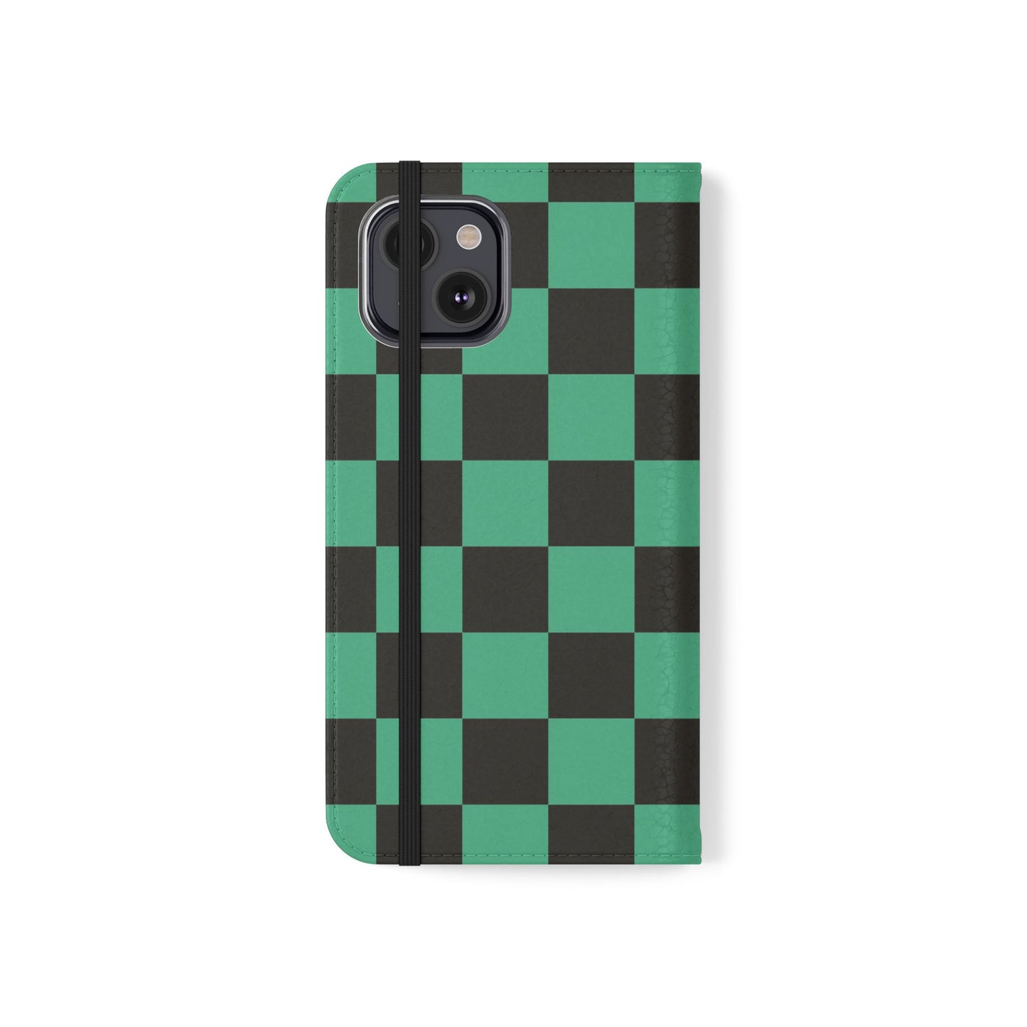 Tanjiro Chequered Flip Phone Case — Black and Green Chequered Wallet Cover