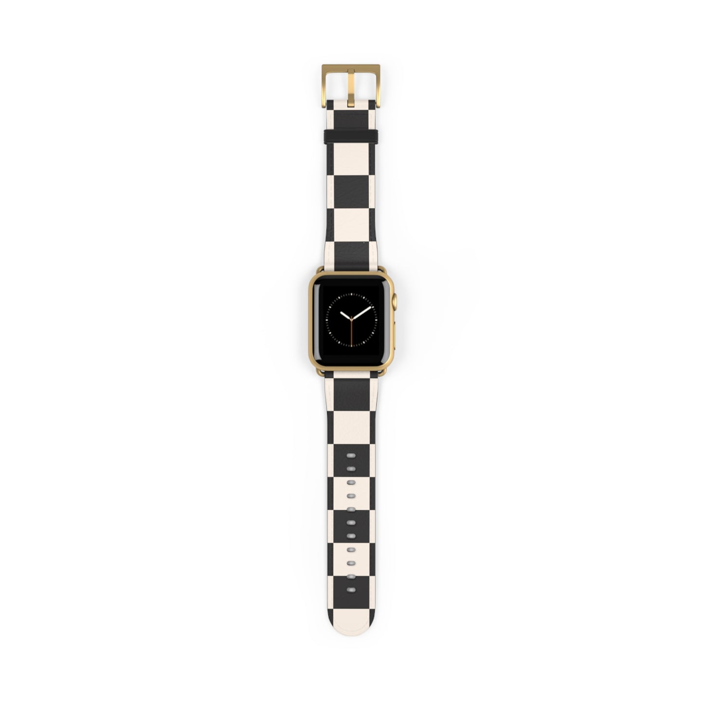 Apple Watch band in black and ivory chequered faux-leather, classic accessory for men and women, stainless steel buckle