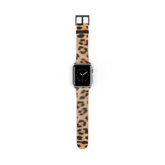 Leopard fur Apple Watch band in faux leather, big cat pattern, stylish gift for her, stainless steel buckle
