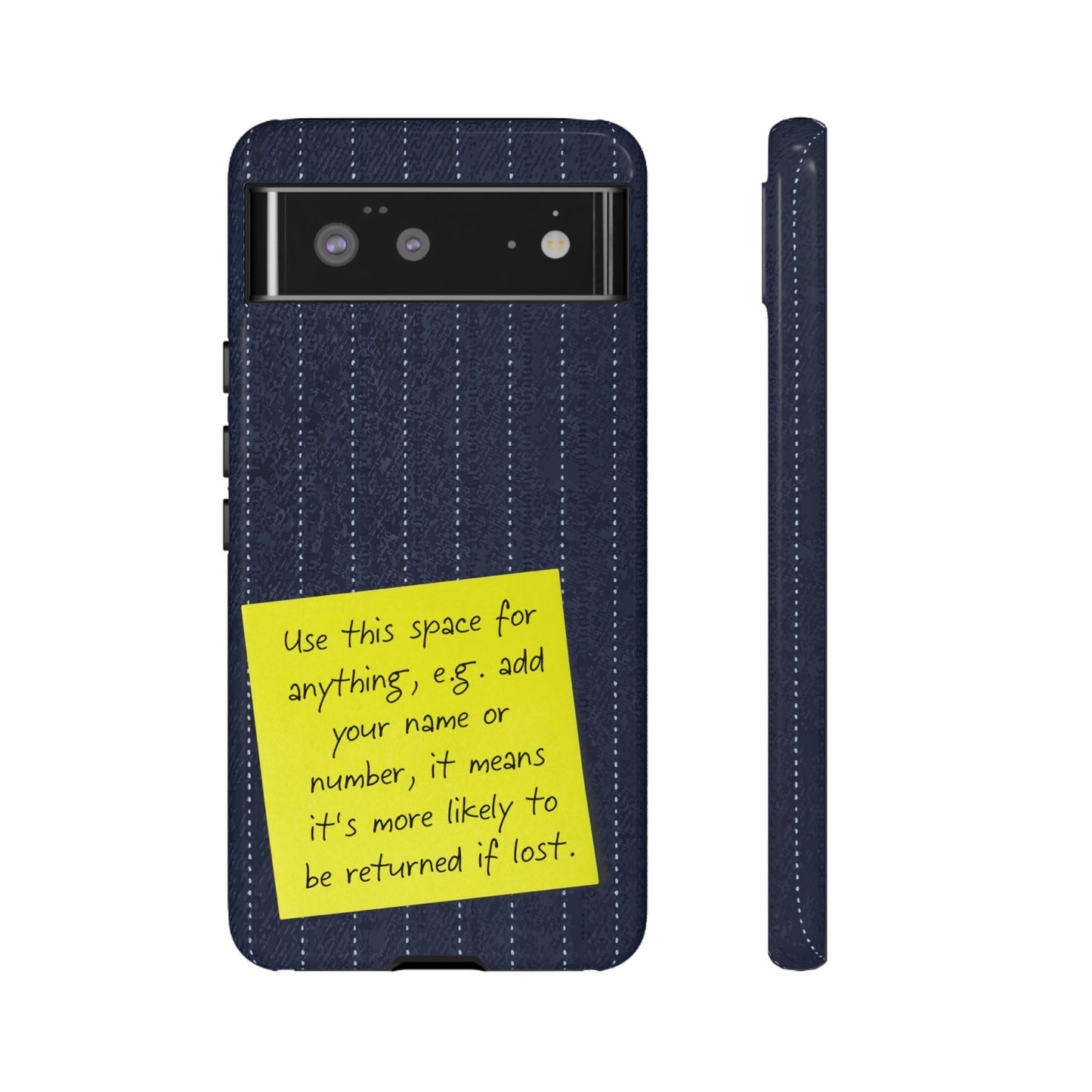 Navy Pinstripe Design with Yellow Sticky Note Personalised Tough Phone Case for Apple iPhone, Samsung Galaxy and Google Pixel.