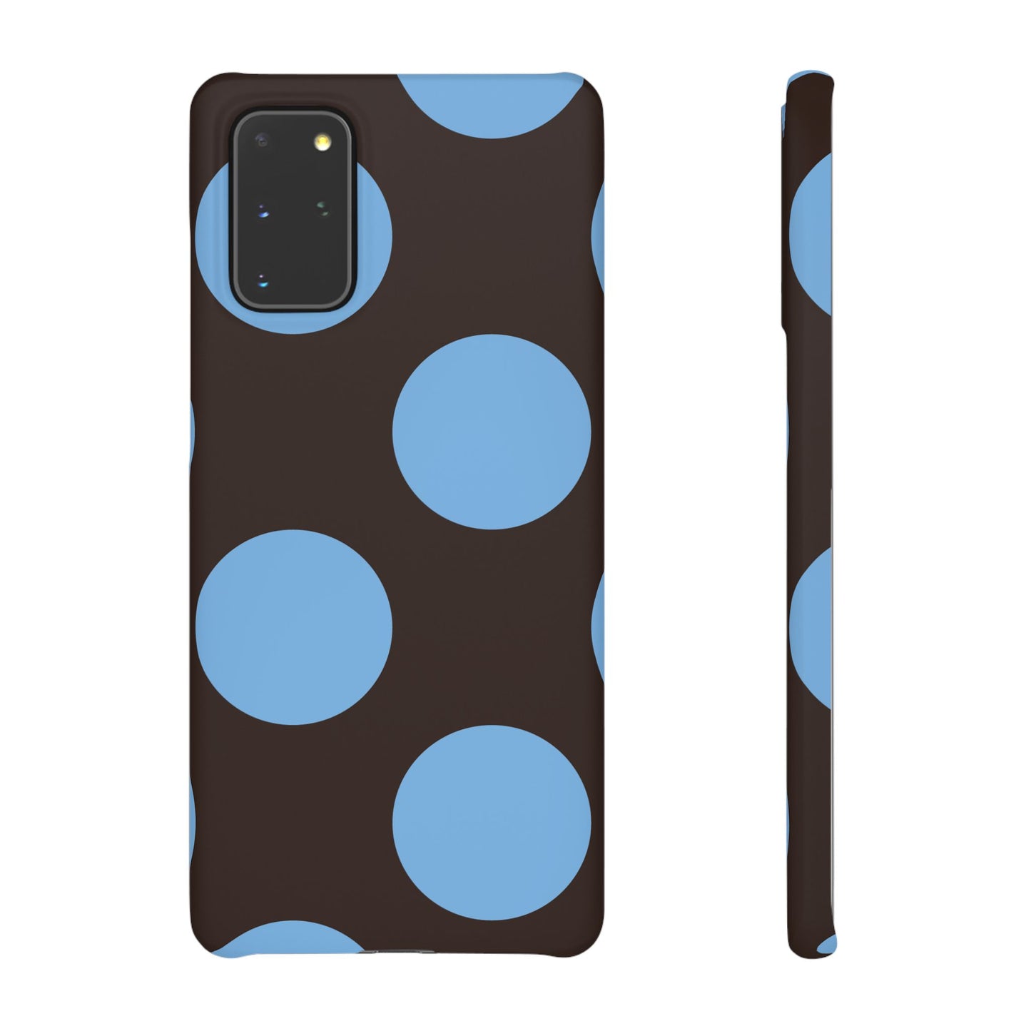 Matte Black with Large Sky Blue Polka Dots Slim Phone Case for Apple iPhone, Samsung Galaxy and Google Pixel.
