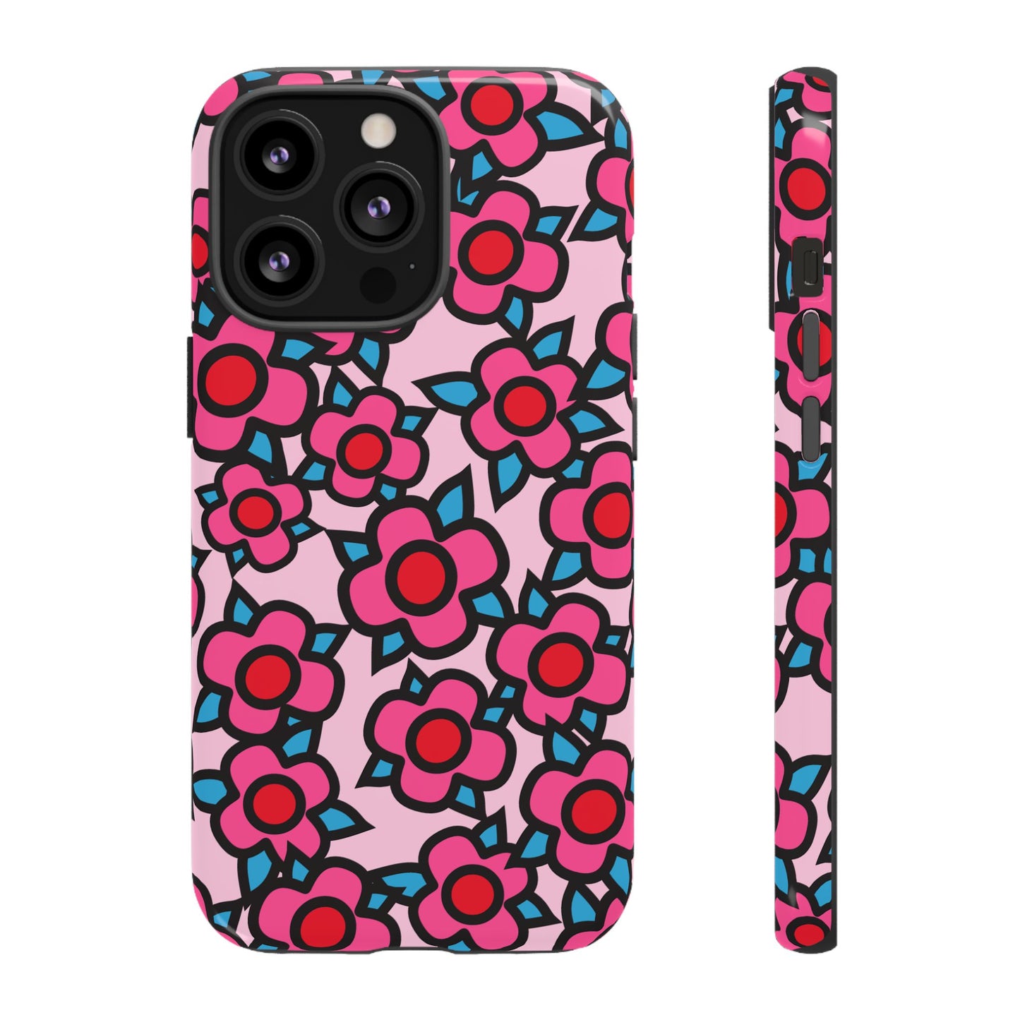 Floral Pink Tough Phone Case — Retro Red & Teal Flower Pattern