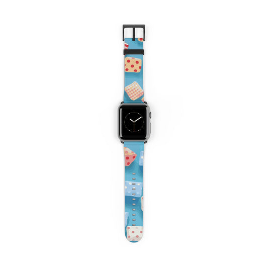 Apple Watch strap in colourful candy style, bright chequered pattern, fun accessory for everyday wear, faux-leather band