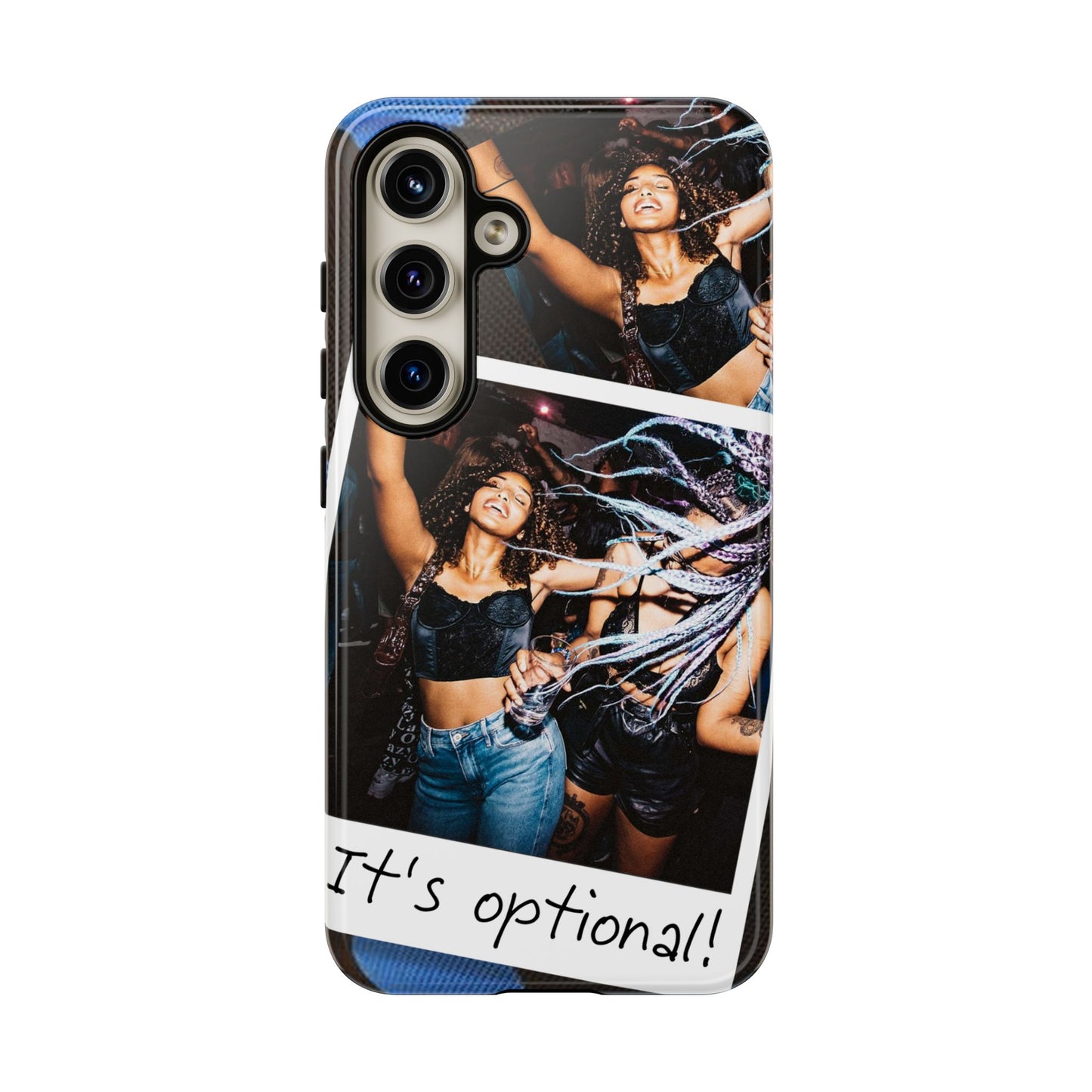 Two Image Personalised Polaroid Photo on Blue Polka Dot Protective Tough Case for Apple iPhone, Samsung Galaxy and Google Pixel.