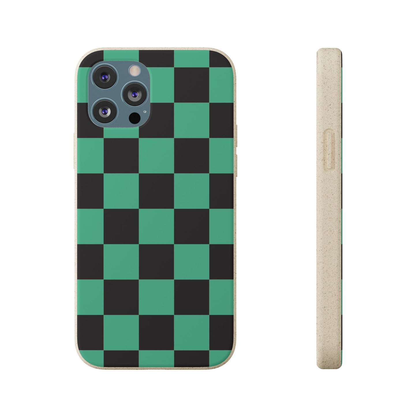 Biodegradable Checkerboard Phone Case — Green & Black Tanjiro Eco Smartphone Cover for Apple iPhone and Samsung Galaxy.