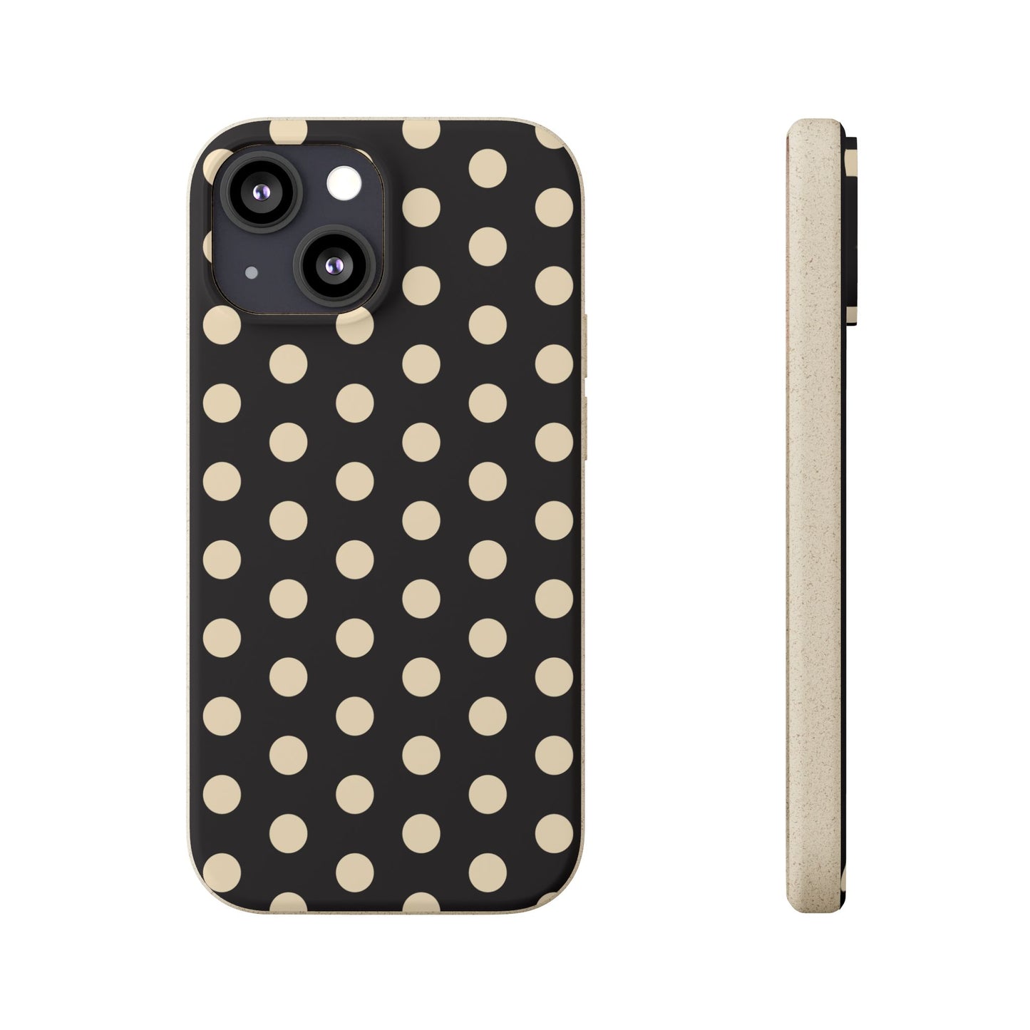 Eco-Friendly Black & Cream Polka Dot Pattern Biodegradable Phone Case for Apple iPhone and Samsung Galaxy.