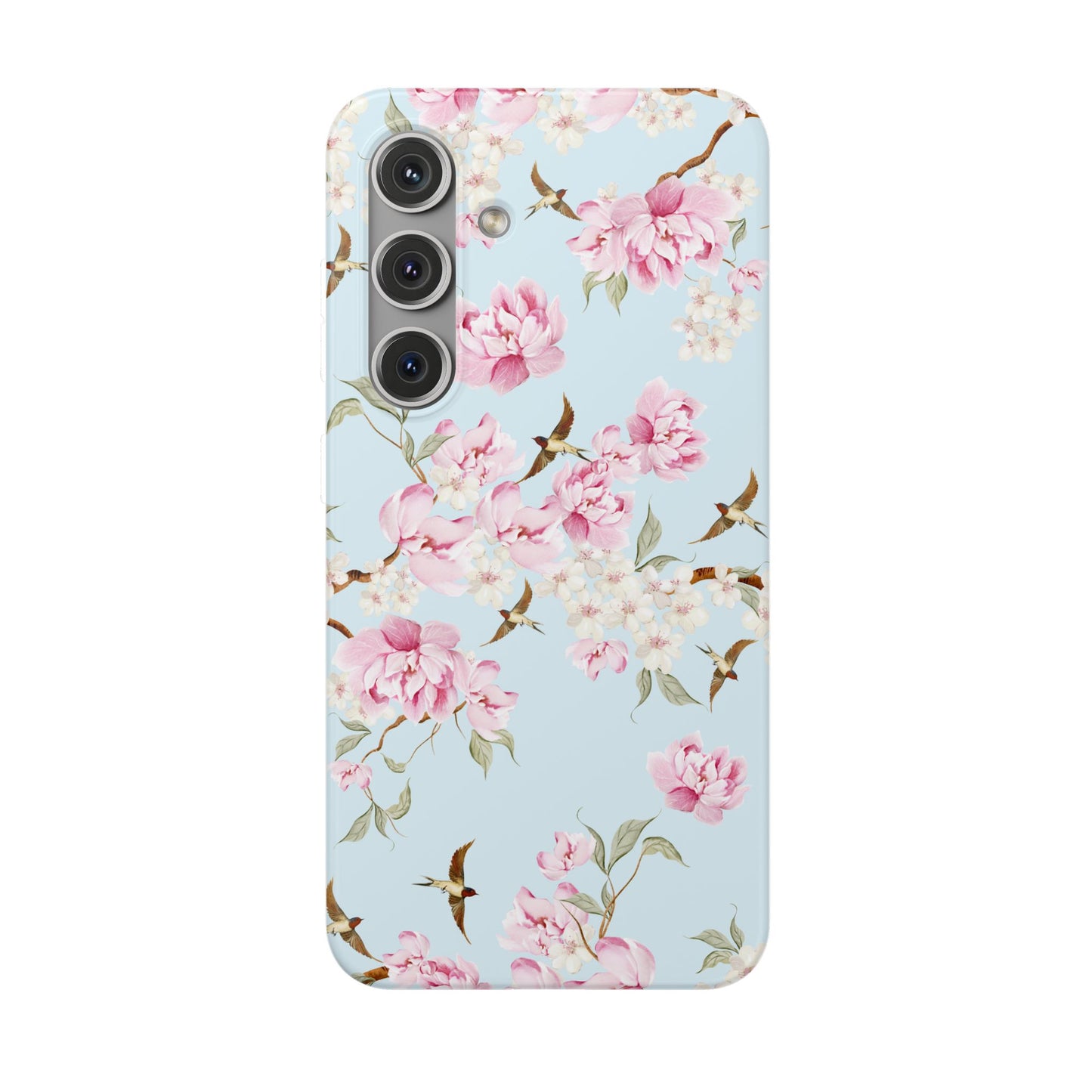 Floral Cherry Blossom Flexi Phone Case - Pink Blossoms on Sky Blue Flexible Case for Apple iPhone, Samsung Galaxy.