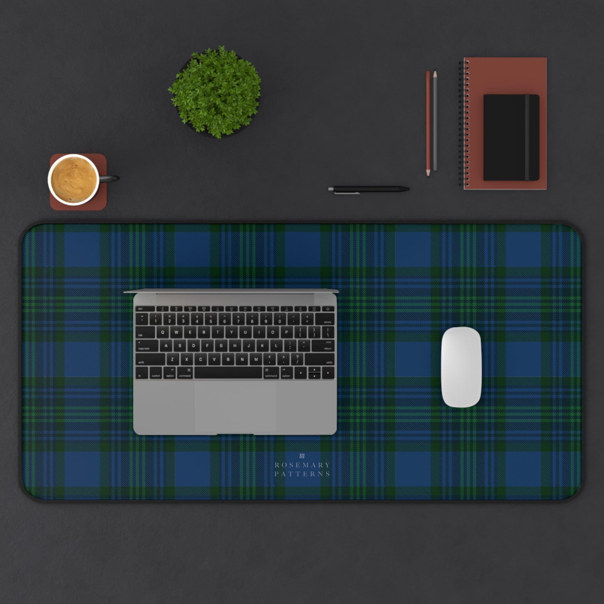 Plaid desk mat in blue green tartan, stylish computer desk mat for home office, anti-slip, hemmed edges