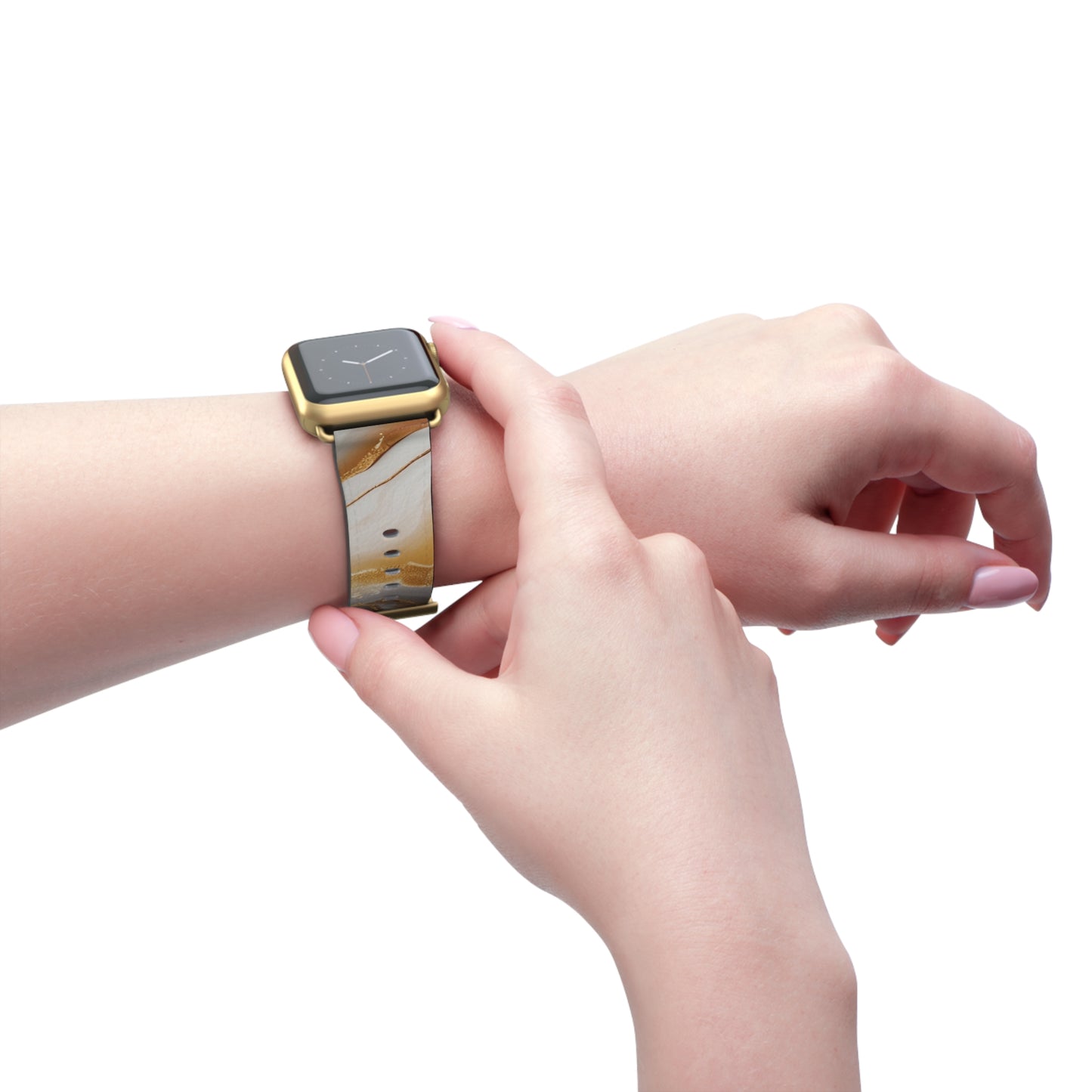 Marble and gold Apple Watch band with faux-leather strap, luxury accessory for men and women, modern stainless steel buckle