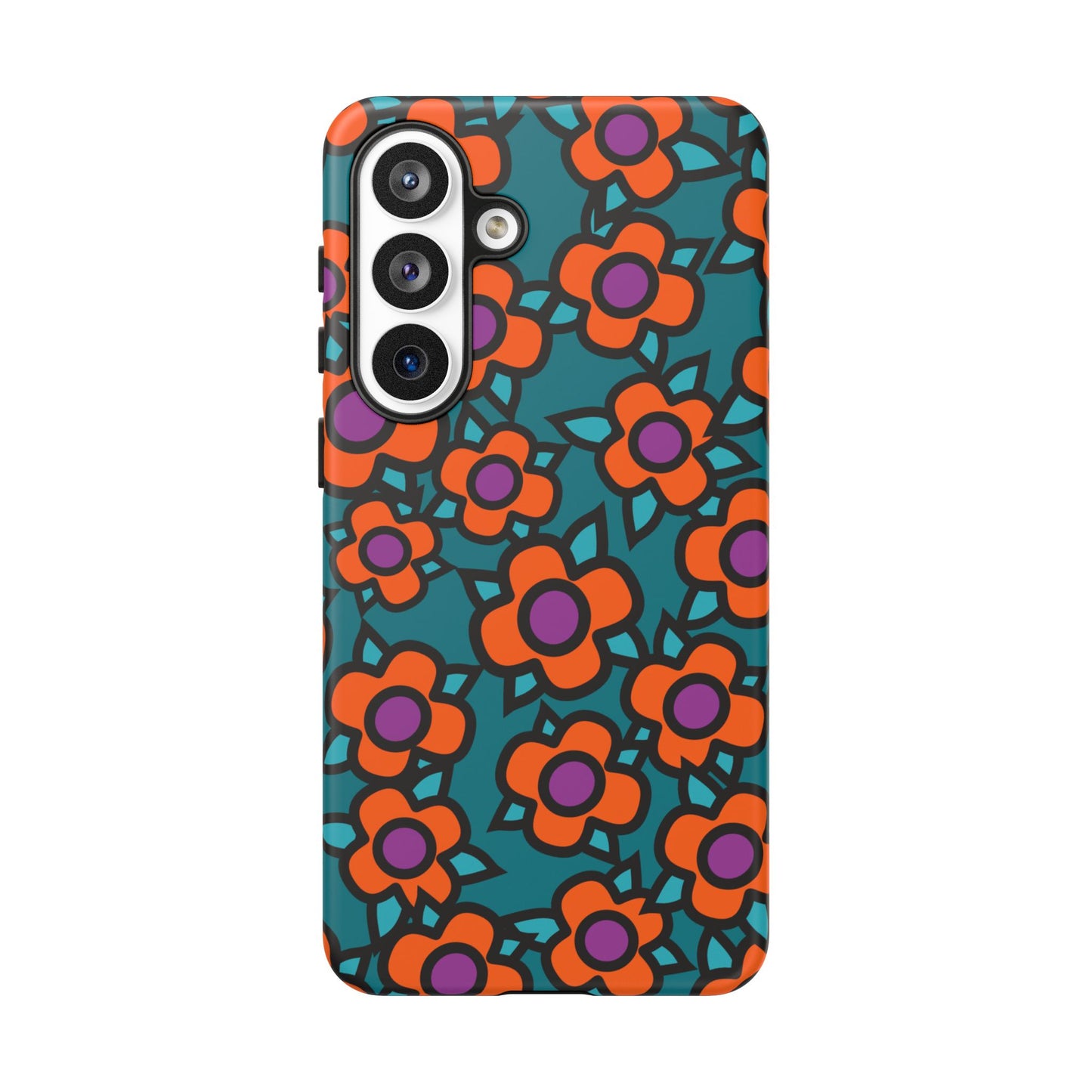 Floral Pop Tough Phone Case — Retro Orange & Teal Flower Pattern