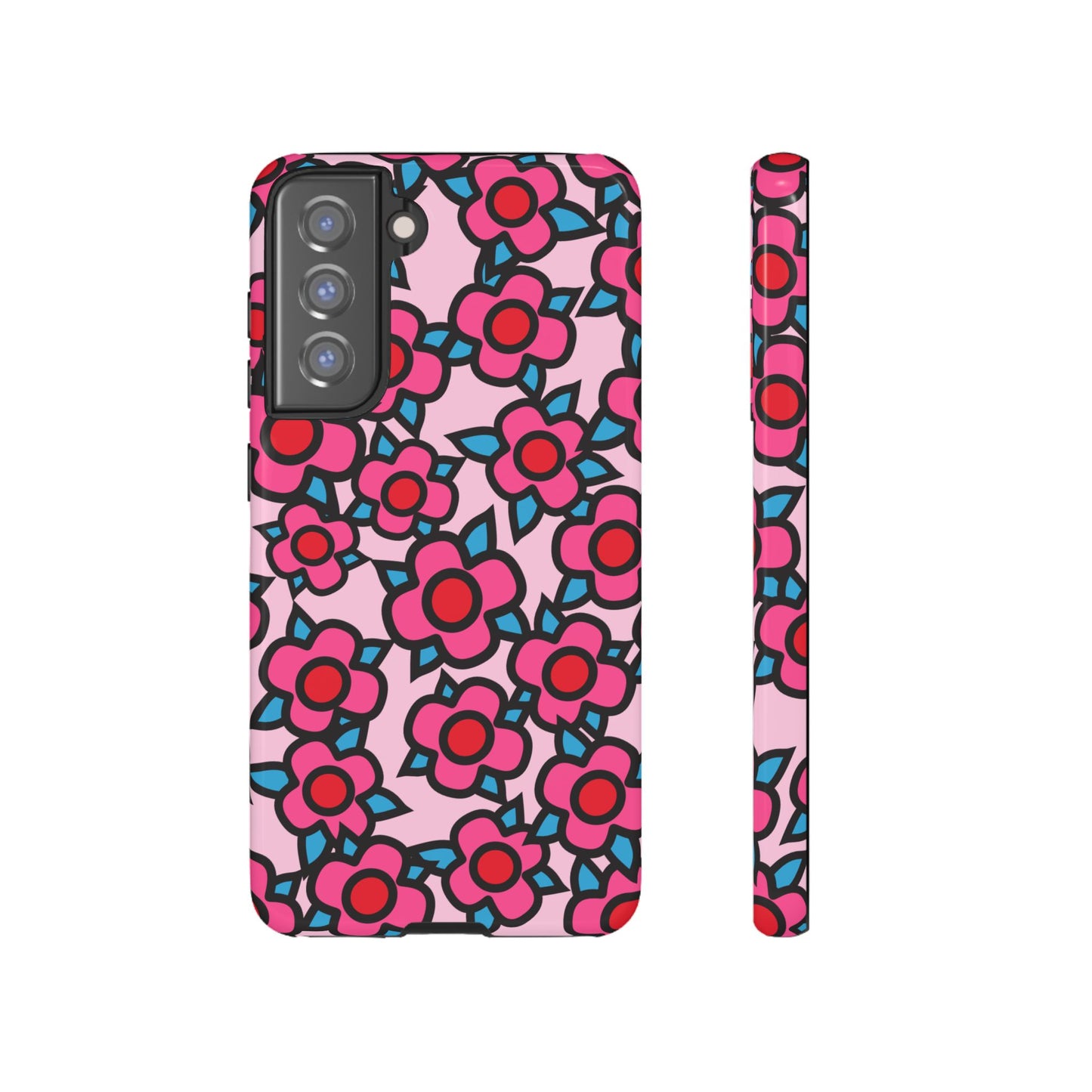 Floral Pink Tough Phone Case — Retro Red & Teal Flower Pattern