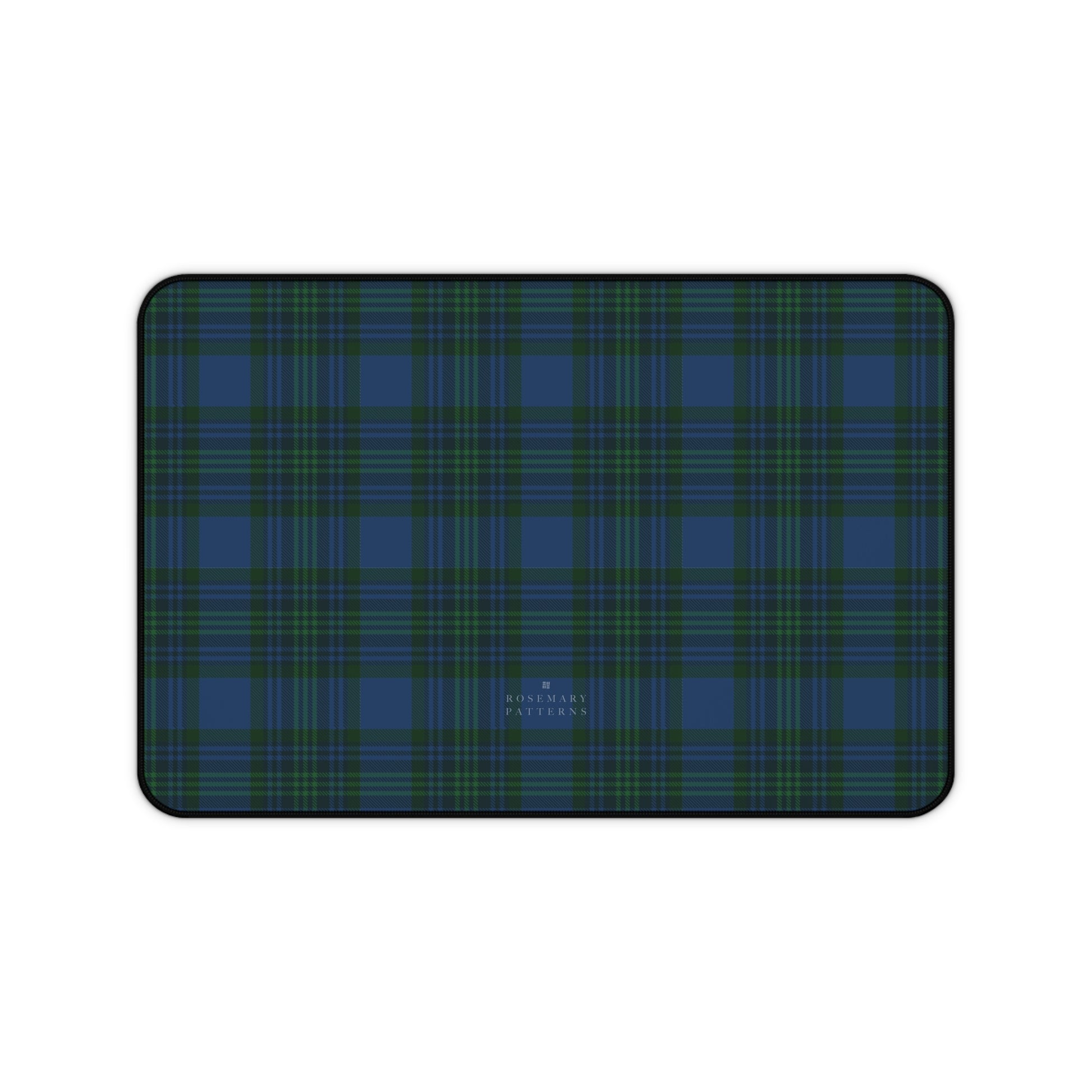 Plaid desk mat in blue green tartan, stylish computer desk mat for home office, anti-slip, hemmed edges