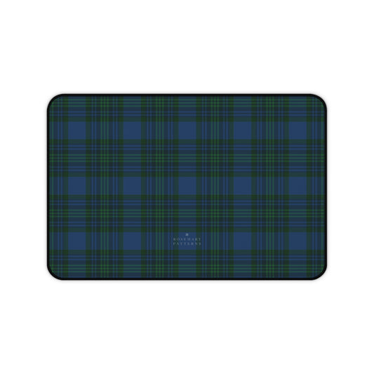 Plaid desk mat in blue green tartan, stylish computer desk mat for home office, anti-slip, hemmed edges