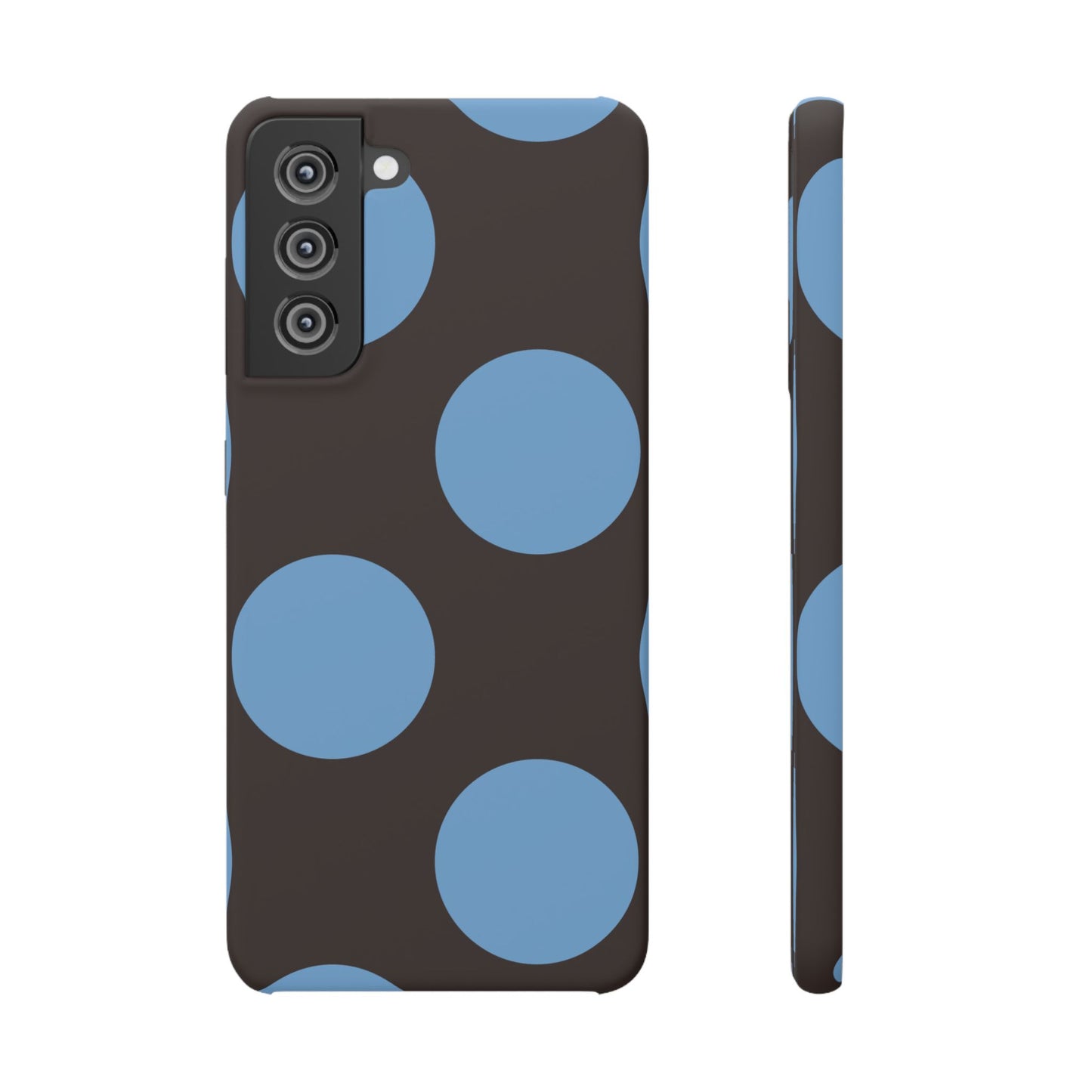 Matte Black with Large Sky Blue Polka Dots Slim Phone Case for Apple iPhone, Samsung Galaxy and Google Pixel.