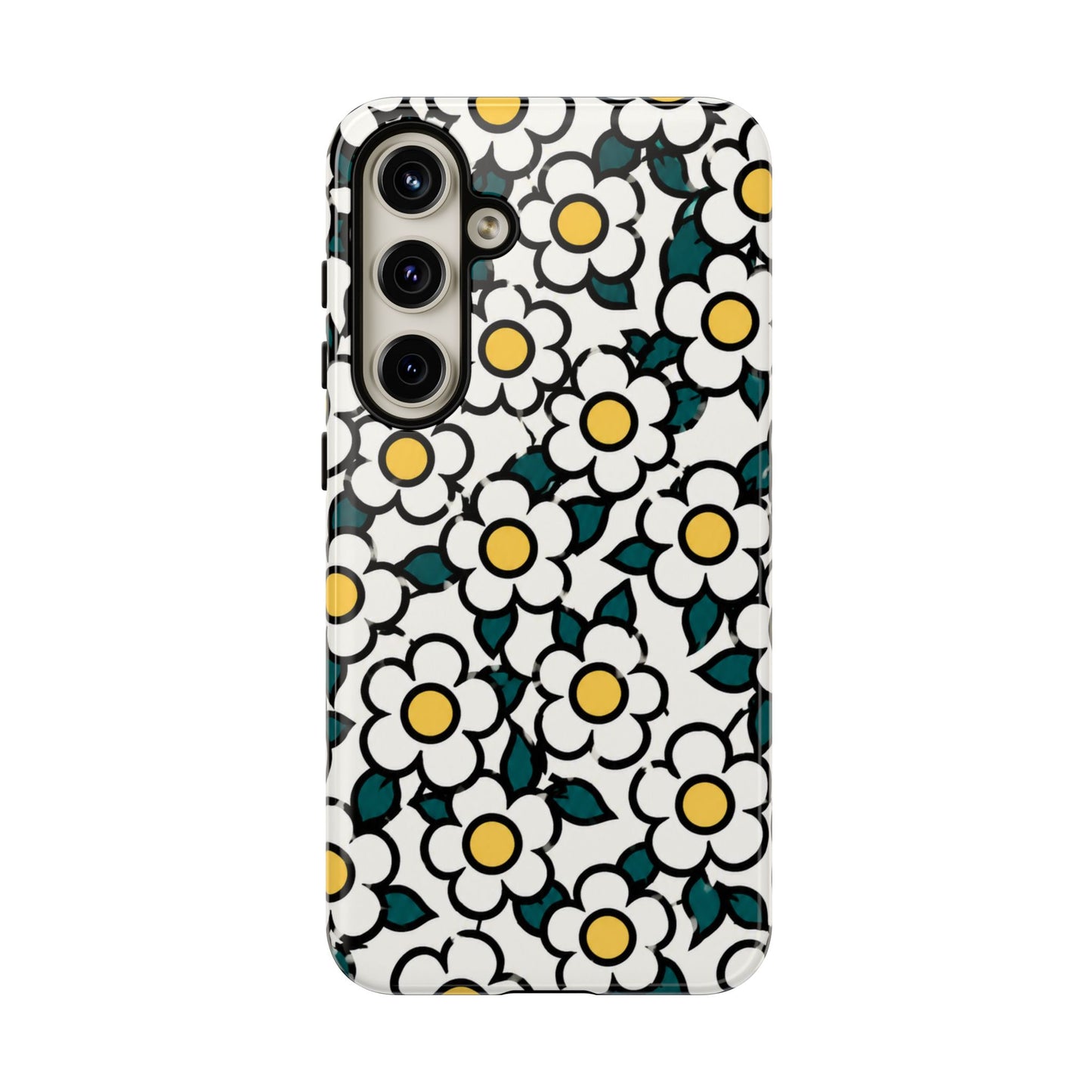 Floral Daisy Tough Phone Case — Retro White & Yellow Protective Cover