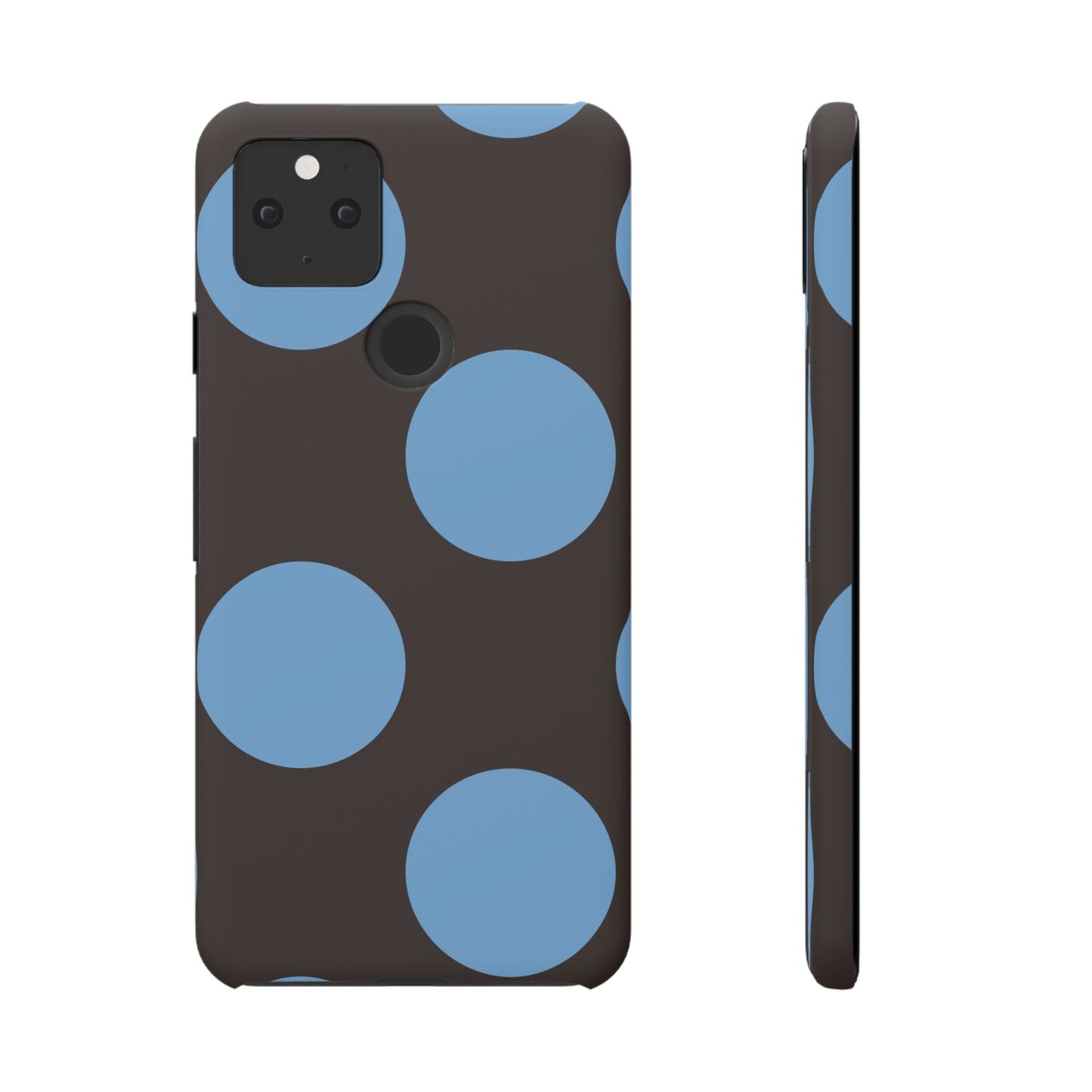 Matte Black with Large Sky Blue Polka Dots Slim Phone Case for Apple iPhone, Samsung Galaxy and Google Pixel.