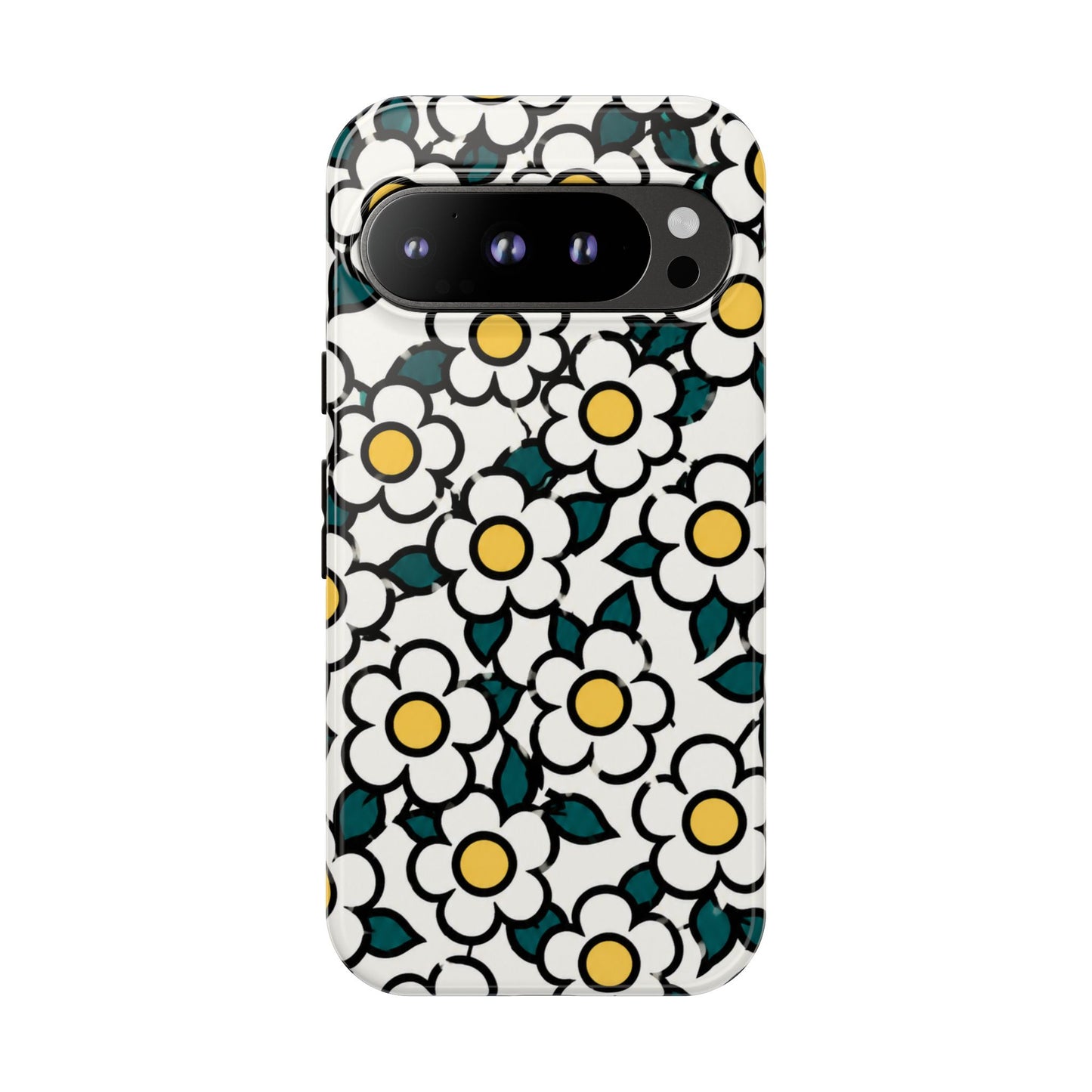 Floral Daisy Tough Phone Case — Retro White & Yellow Protective Cover