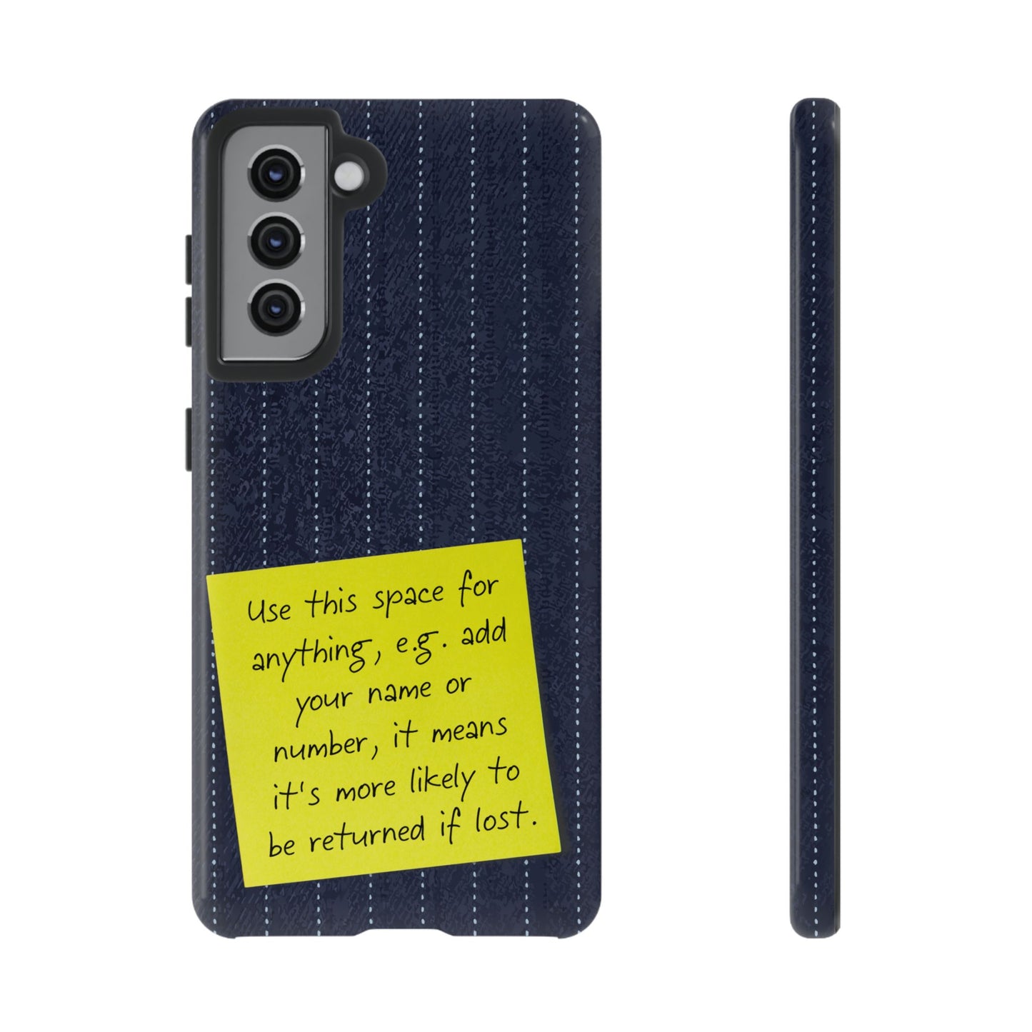 Navy Pinstripe Design with Yellow Sticky Note Personalised Tough Phone Case for Apple iPhone, Samsung Galaxy and Google Pixel.
