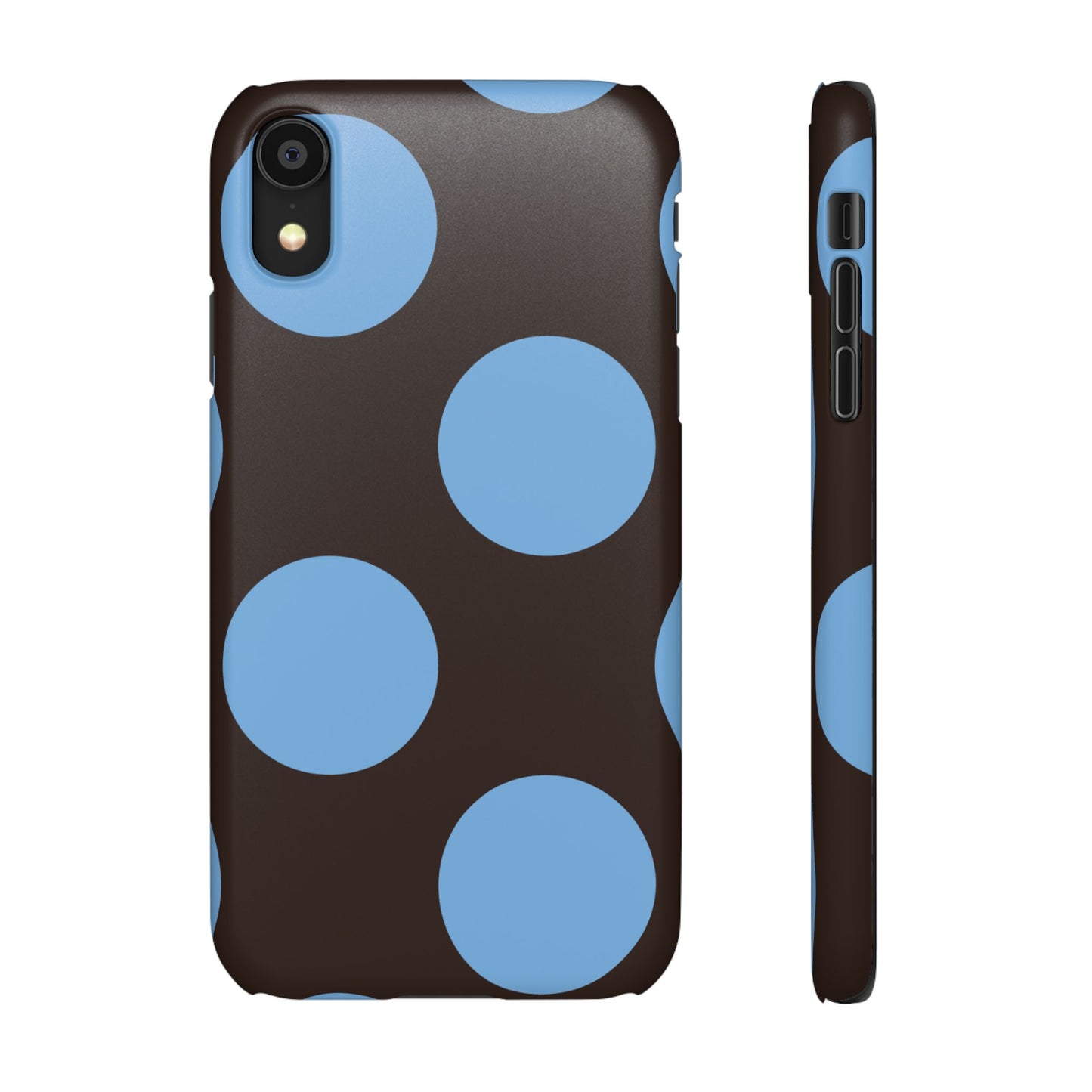 Matte Black with Large Sky Blue Polka Dots Slim Phone Case for Apple iPhone, Samsung Galaxy and Google Pixel.