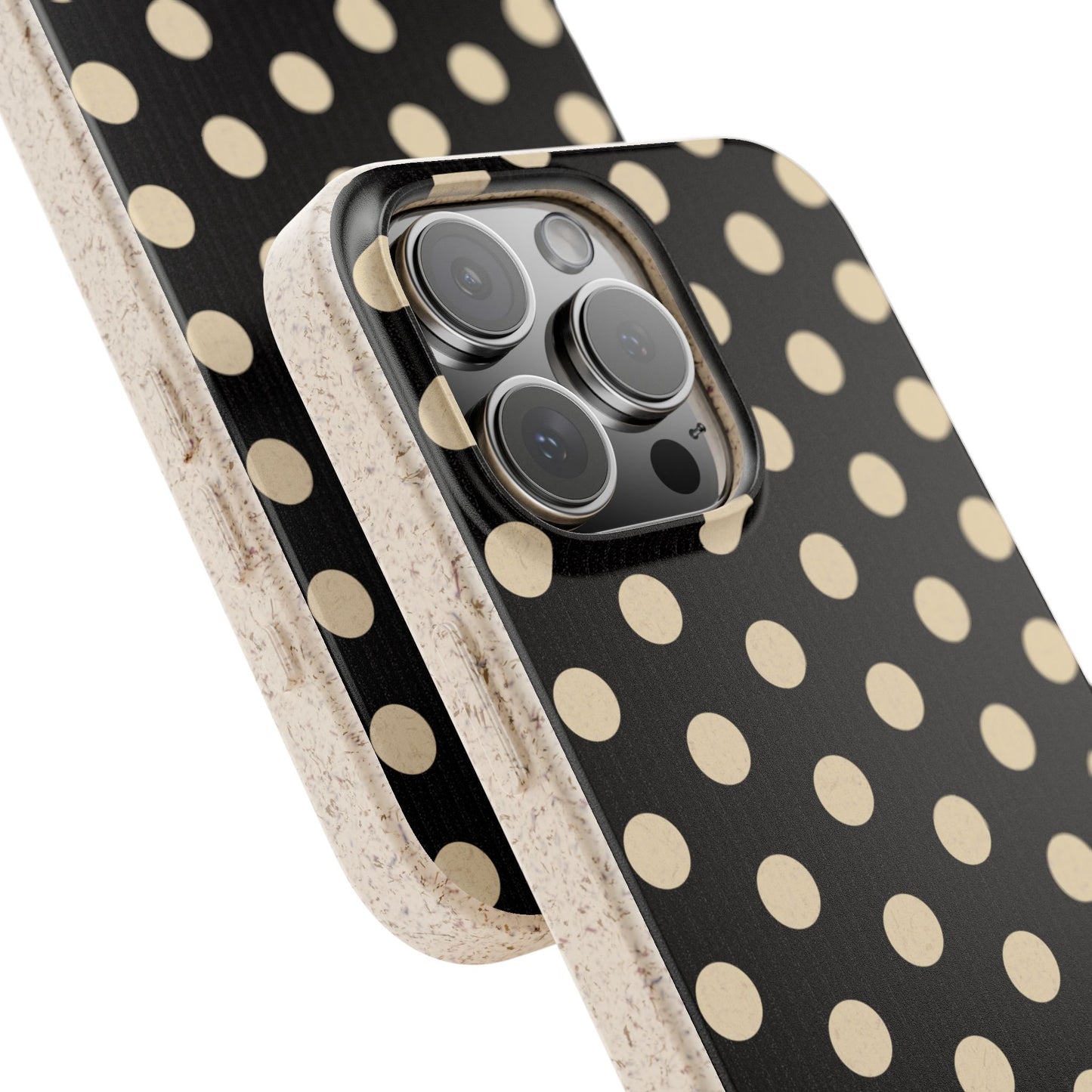 Eco-Friendly Black & Cream Polka Dot Pattern Biodegradable Phone Case for Apple iPhone and Samsung Galaxy.